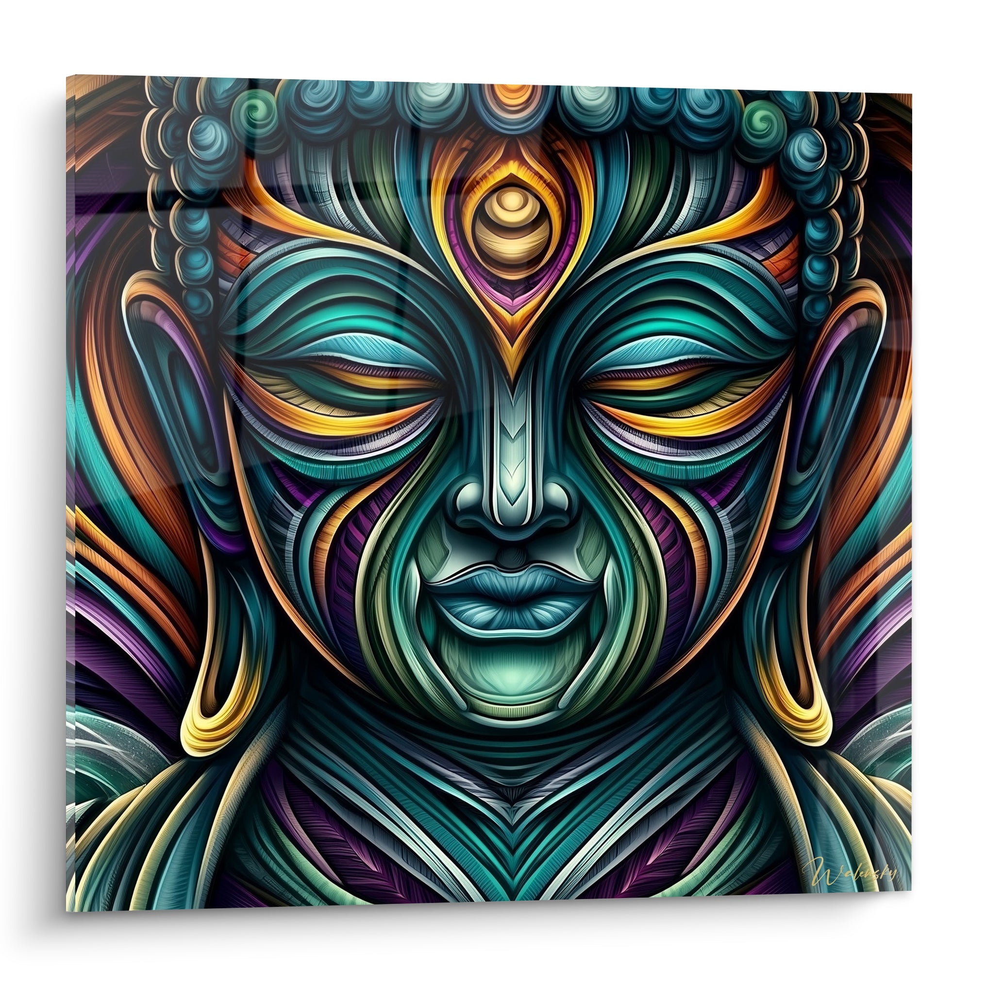 Bouddha aux yeux clos, troisième œil doré, motifs turquoise et violet sculptés en pleine lumière