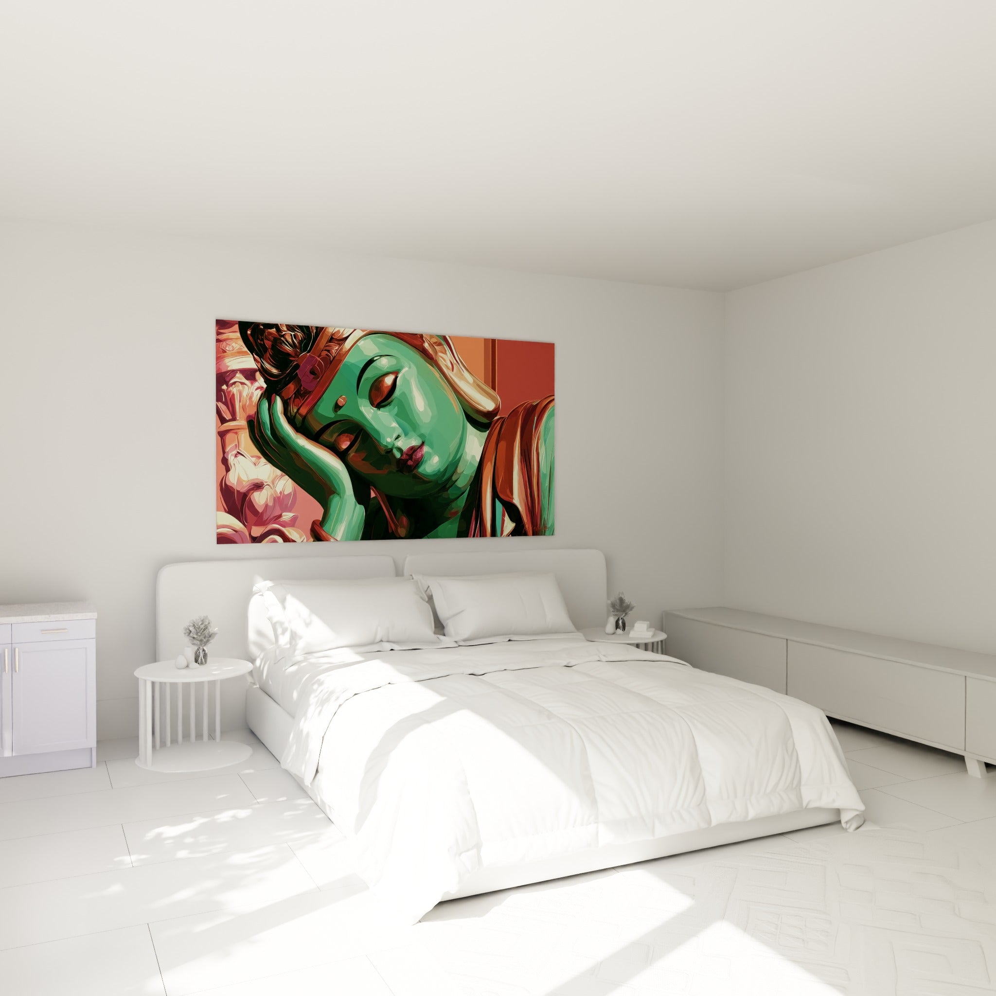 Visage Bouddha vert émeraude endormi sur fond corail, au-dessus d'un lit dans une chambre claire
