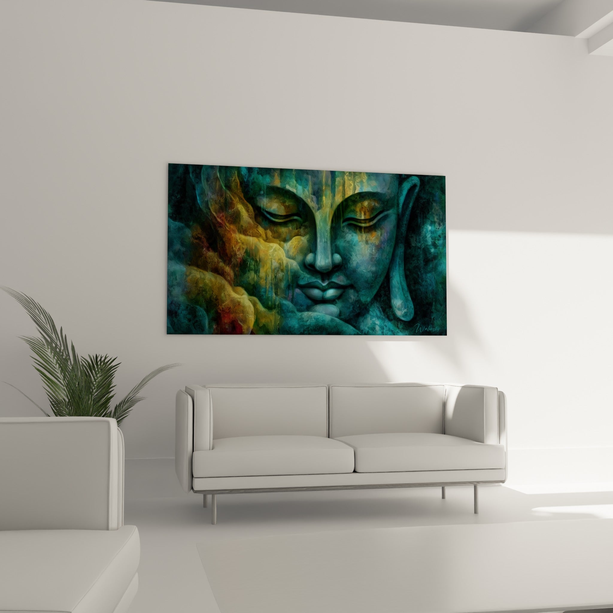 Bouddha serein en bleu profond et doré au-dessus d'un canapé dans un salon lumineux