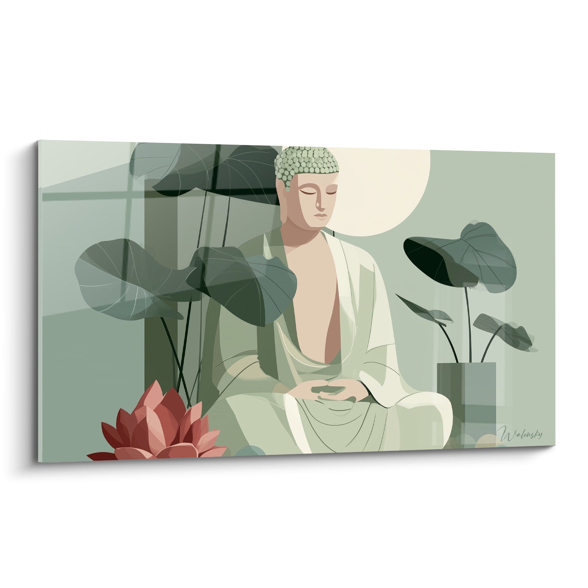 Bouddha assis en méditation, robe vert amande et beige, lune ivoire et lotus terracotta