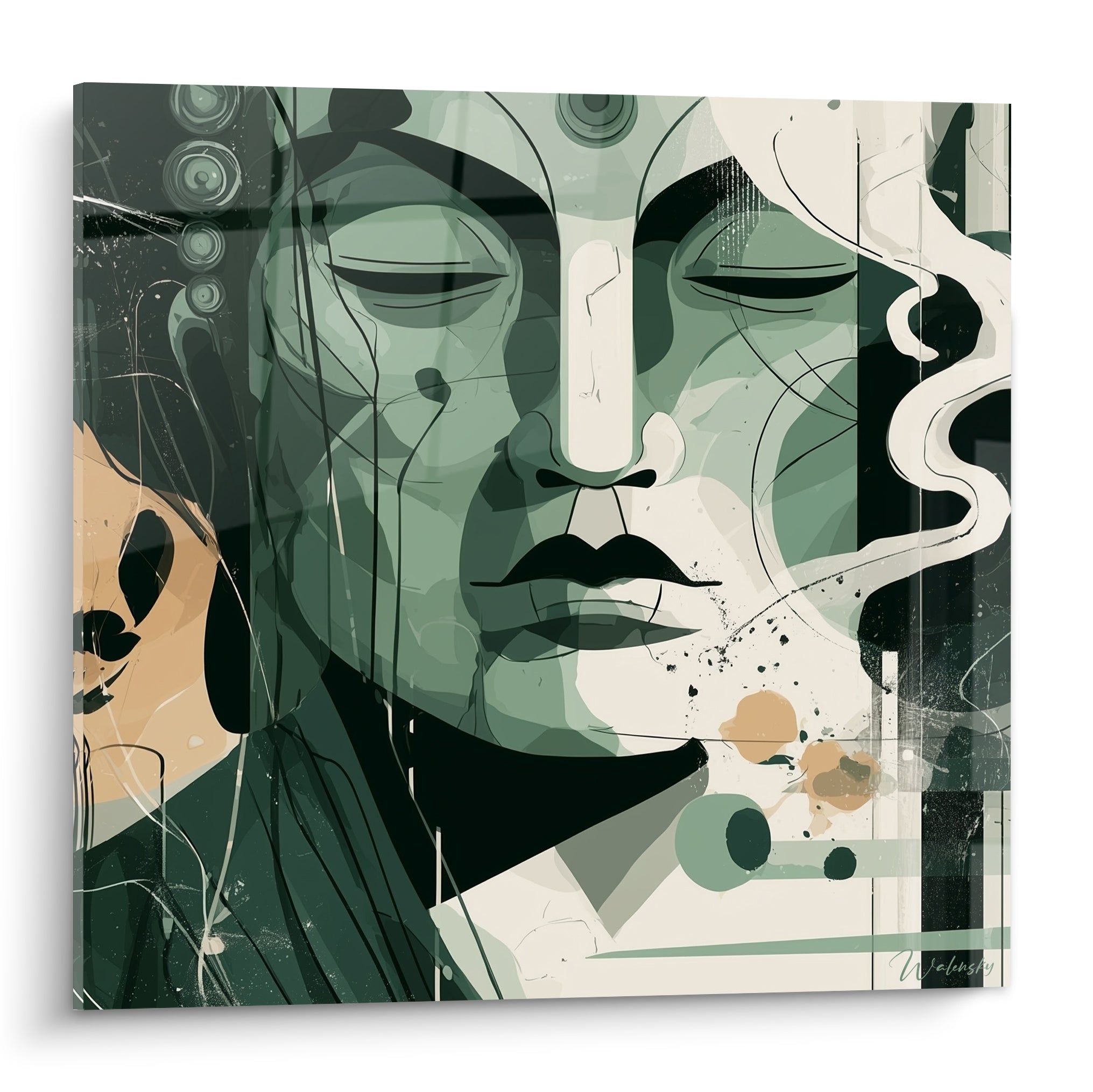 Visage de Bouddha en vert sauge et ivoire, volutes noires et taches ocre, style graphique épuré