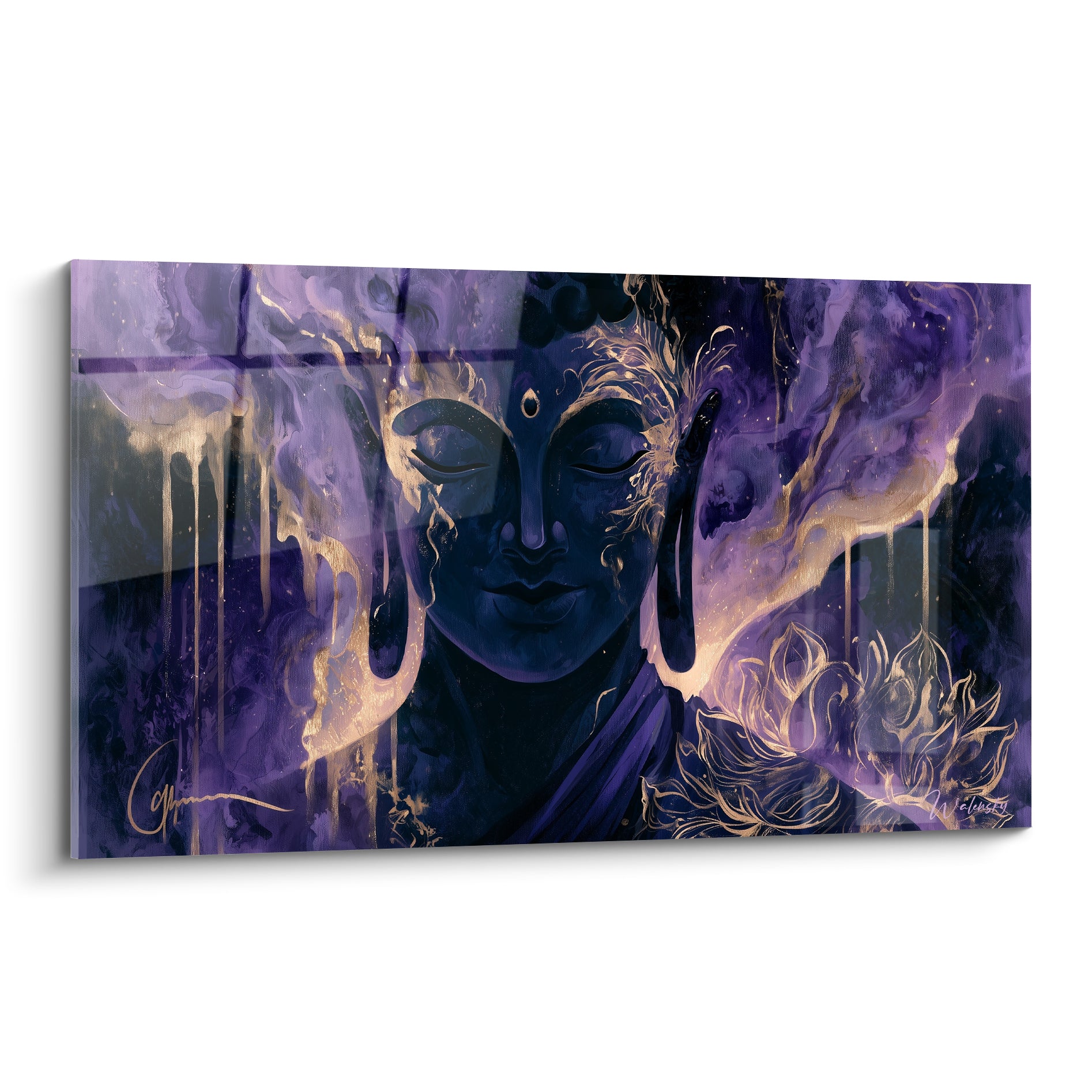Visage de Bouddha violet et doré, yeux clos, coulures dorées fluides sur fond marbré mauve
