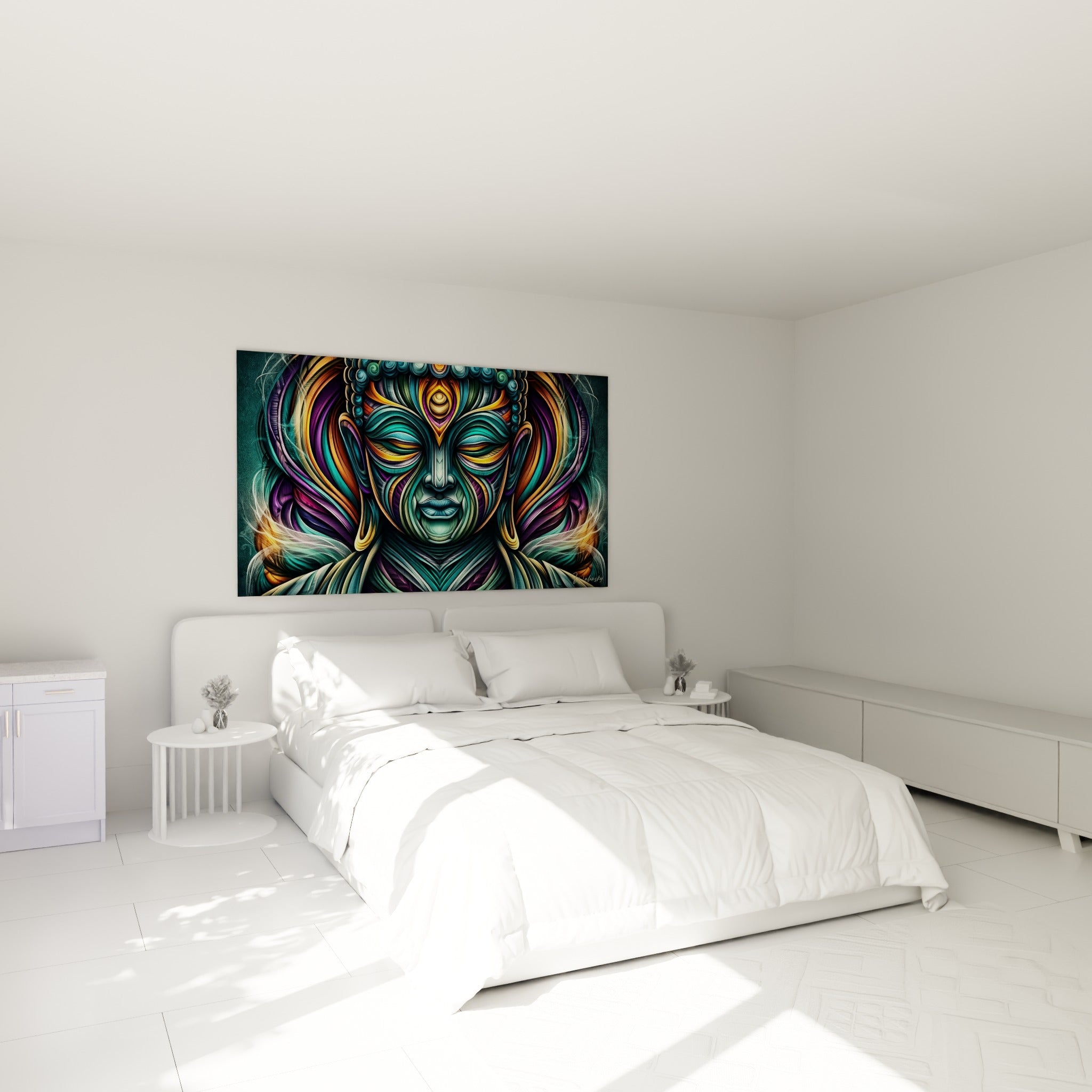 Bouddha turquoise et violet en méditation au-dessus d'un lit dans une chambre claire