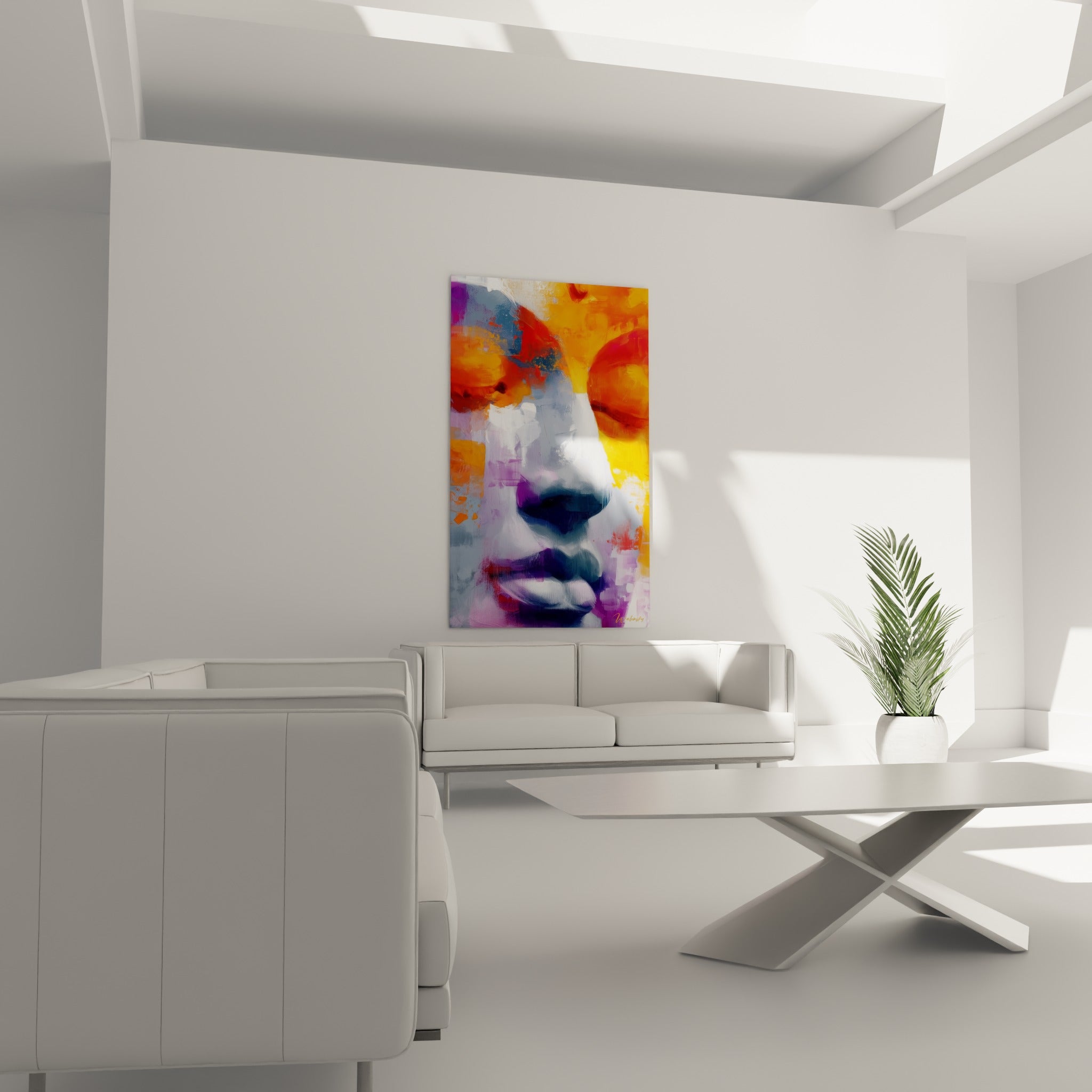 Bouddha méditatif en orange et gris anthracite, présenté au-dessus d'un canapé dans un salon lumineux