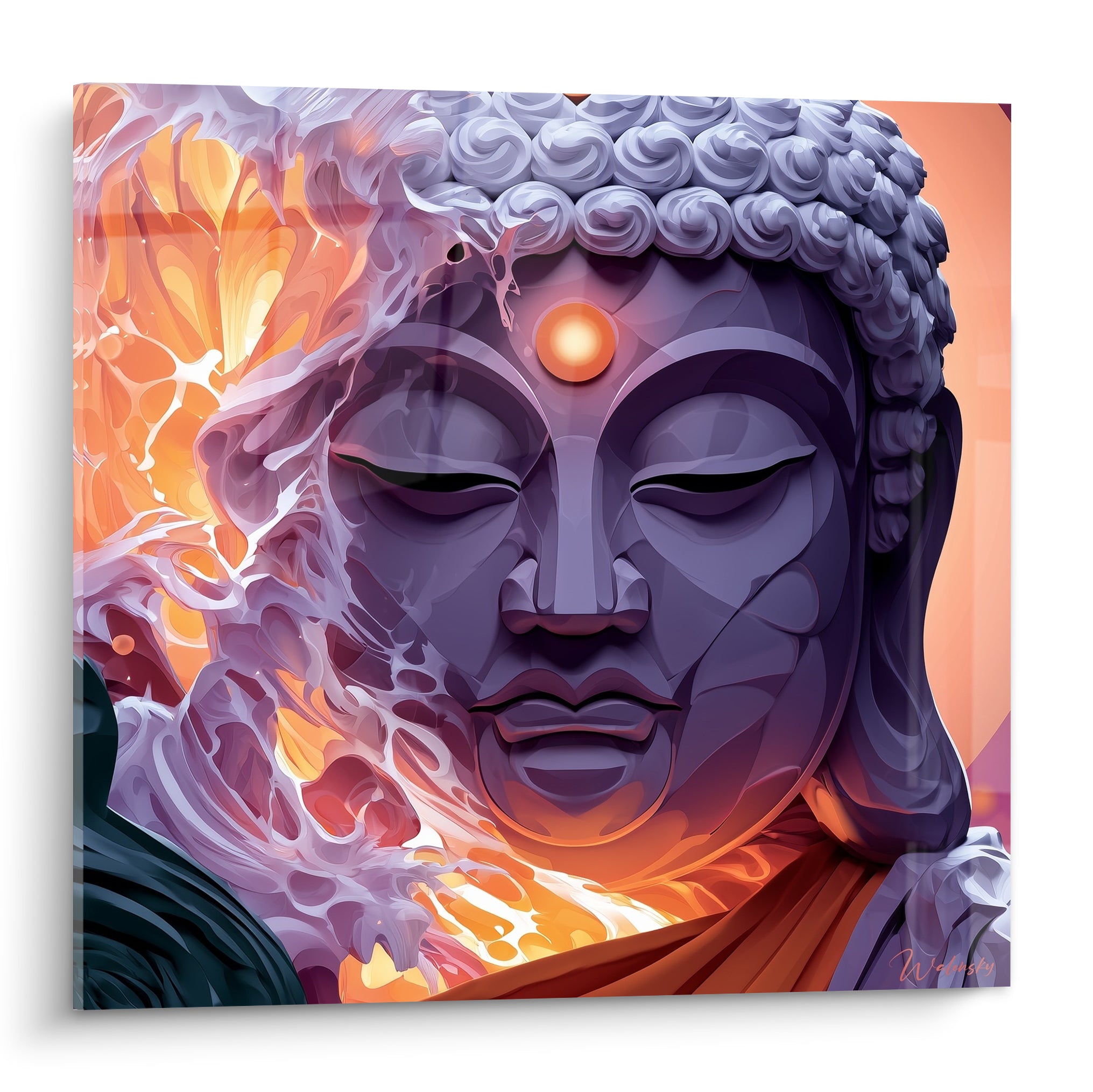 Visage de Bouddha violet et anthracite traversé de flammes orangées, troisième œil lumineux, style numérique.
