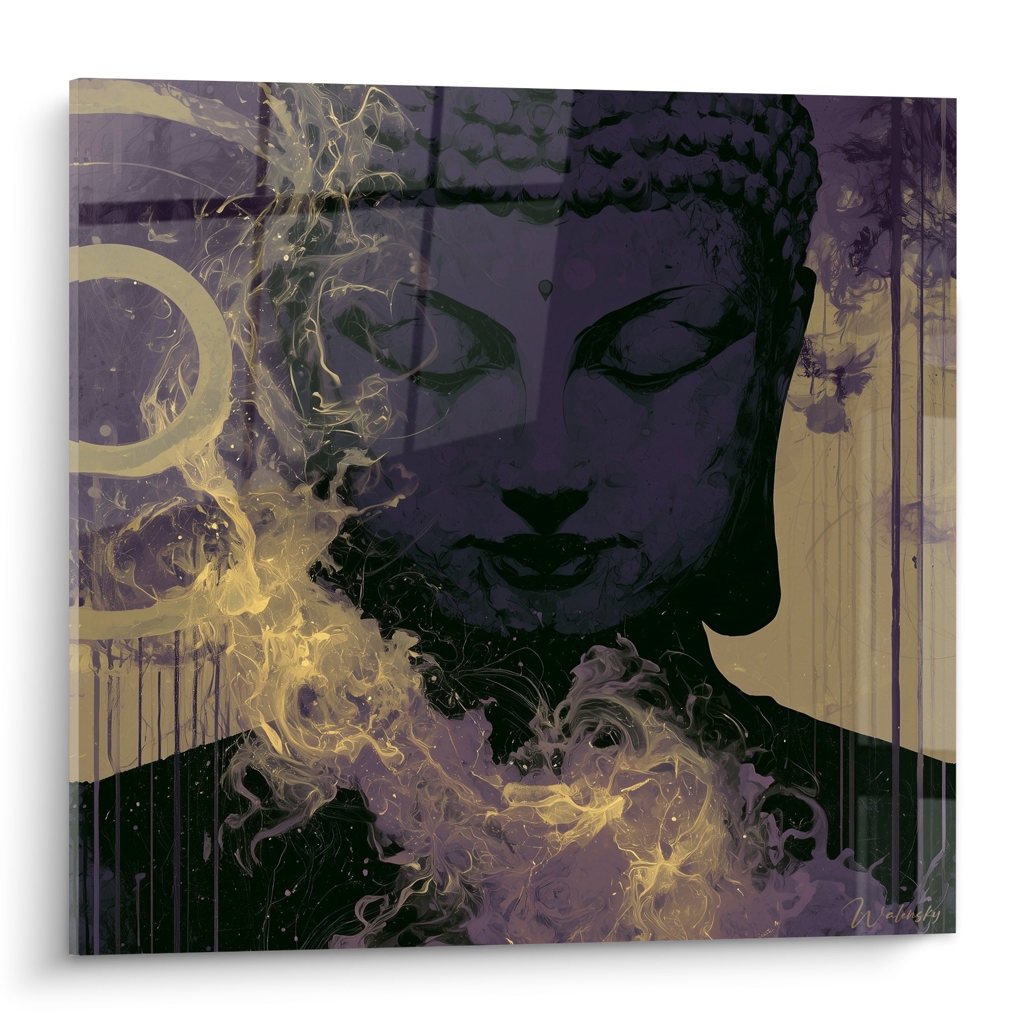 Bouddha aux yeux clos entouré de volutes dorées sur fond violet anthracite profond