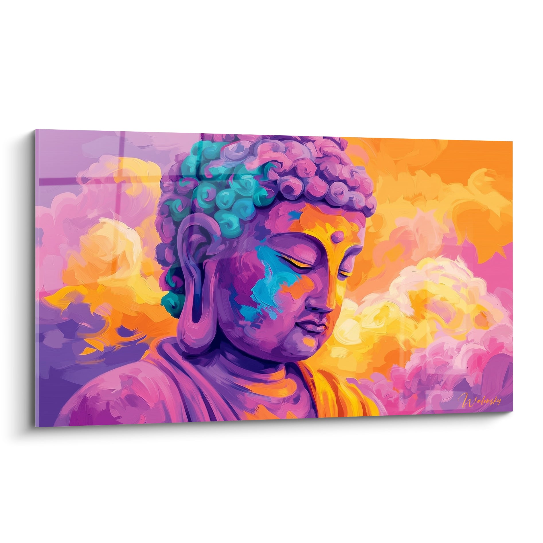 Bouddha au visage violet et turquoise, méditation entourée de nuages orangés vibrants