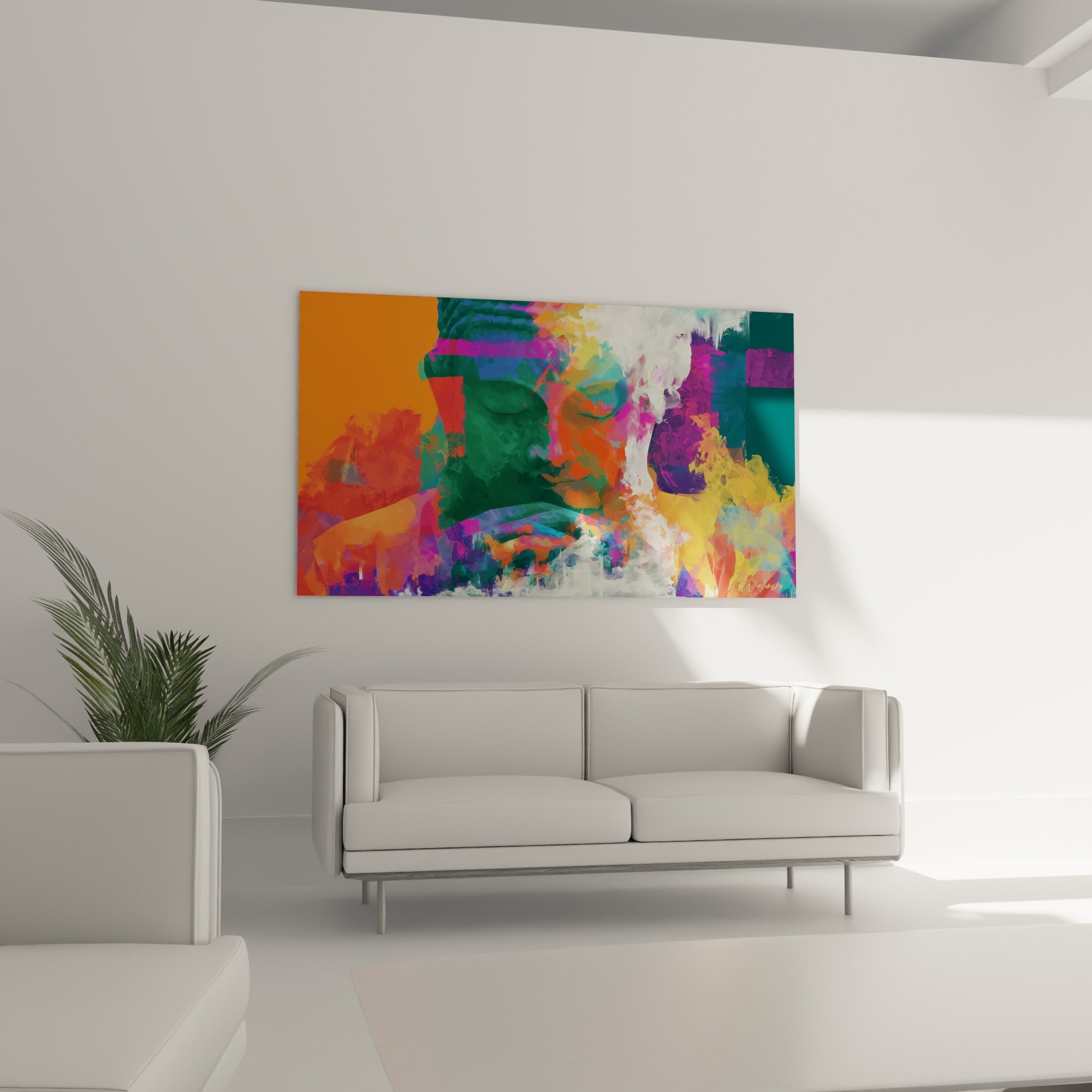 Portrait coloré du Bouddha entre violet et vert émeraude, au-dessus d'un canapé dans un salon lumineux