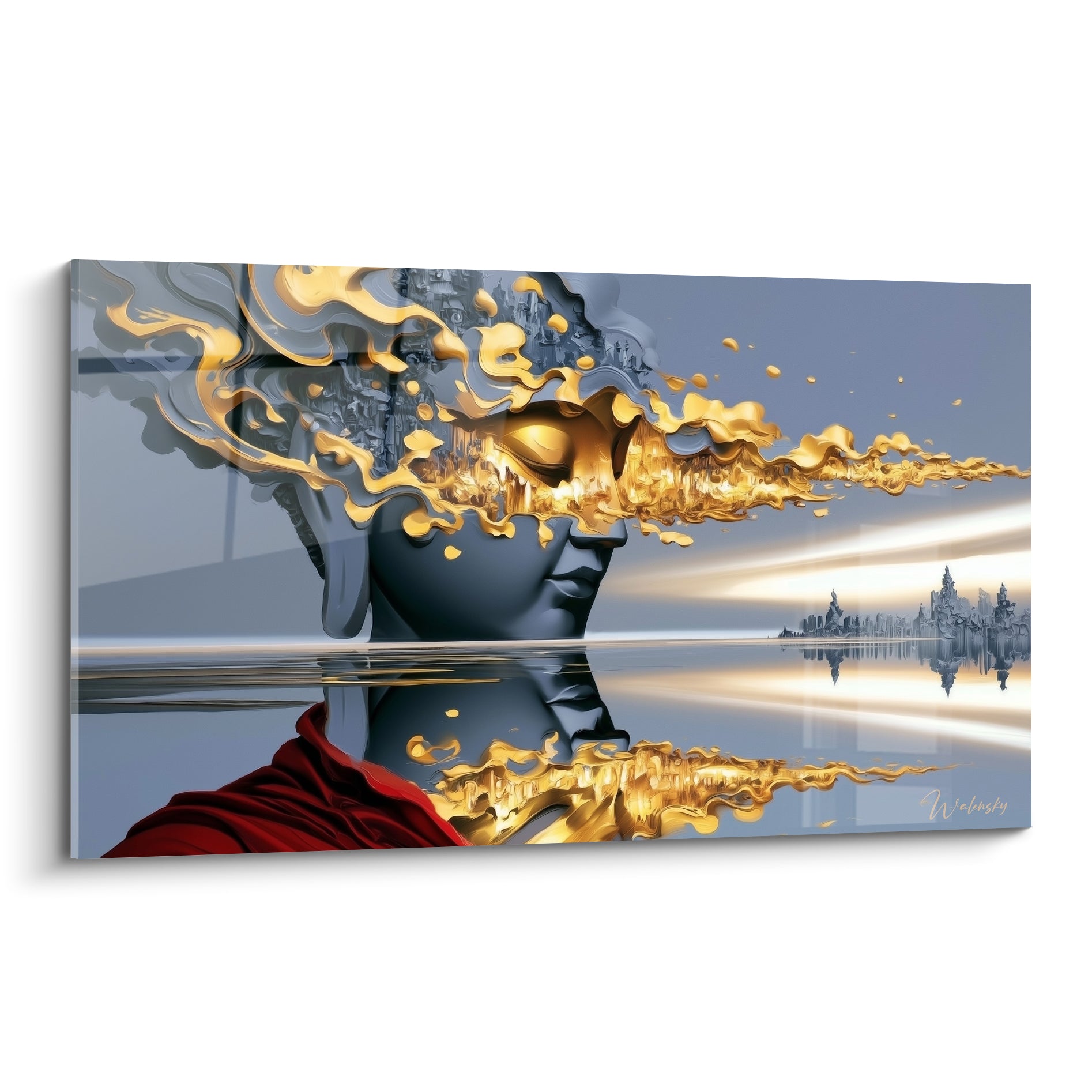 Bouddha anthracite au visage fondu en flammes dorées, reflet miroir sur une eau calme