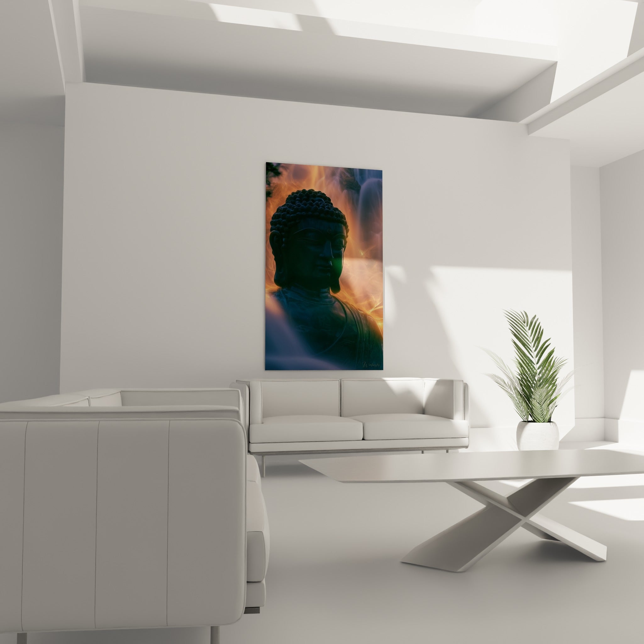 Visage de Bouddha anthracite traversé de lueurs orangées, au-dessus d'un canapé dans un salon lumineux