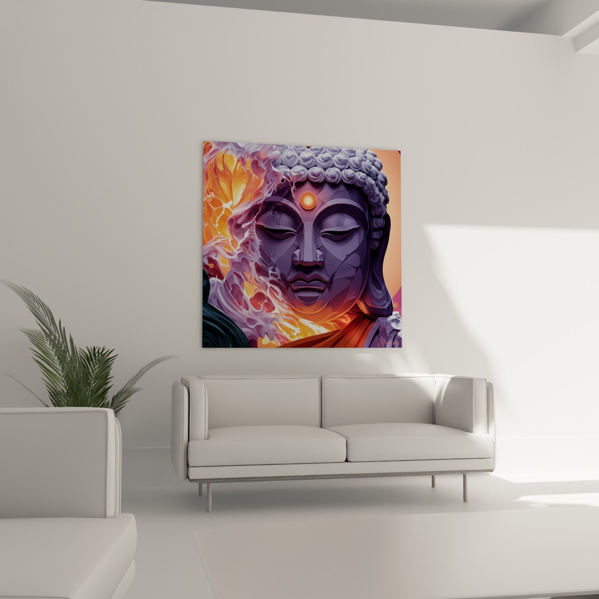Sérénité du visage de Bouddha anthracite et orangé au-dessus d'un canapé dans un salon lumineux.