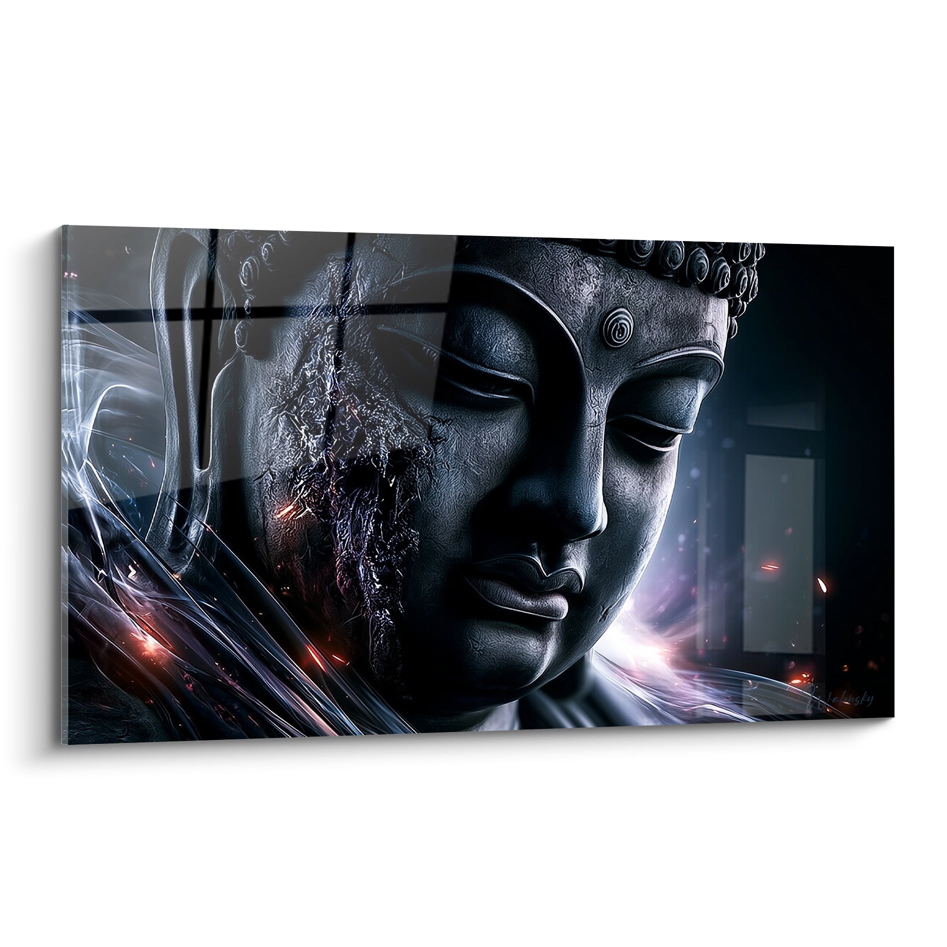 Bouddha anthracite au regard clos, sculpté dans une matière grise et argentée texturée