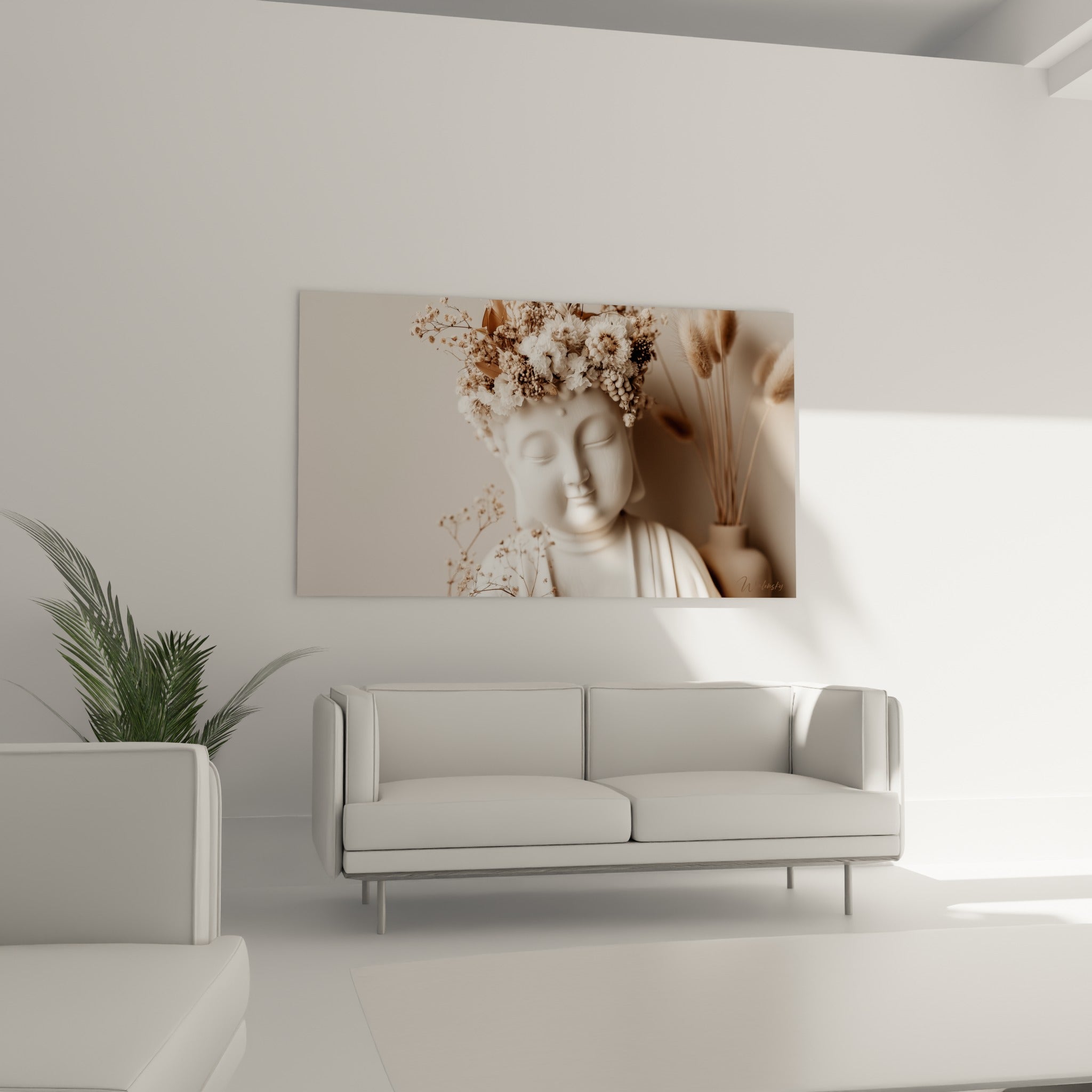 Visage apaisé du Bouddha entouré de fleurs blanches et beiges, au-dessus d'un canapé dans un salon lumineux