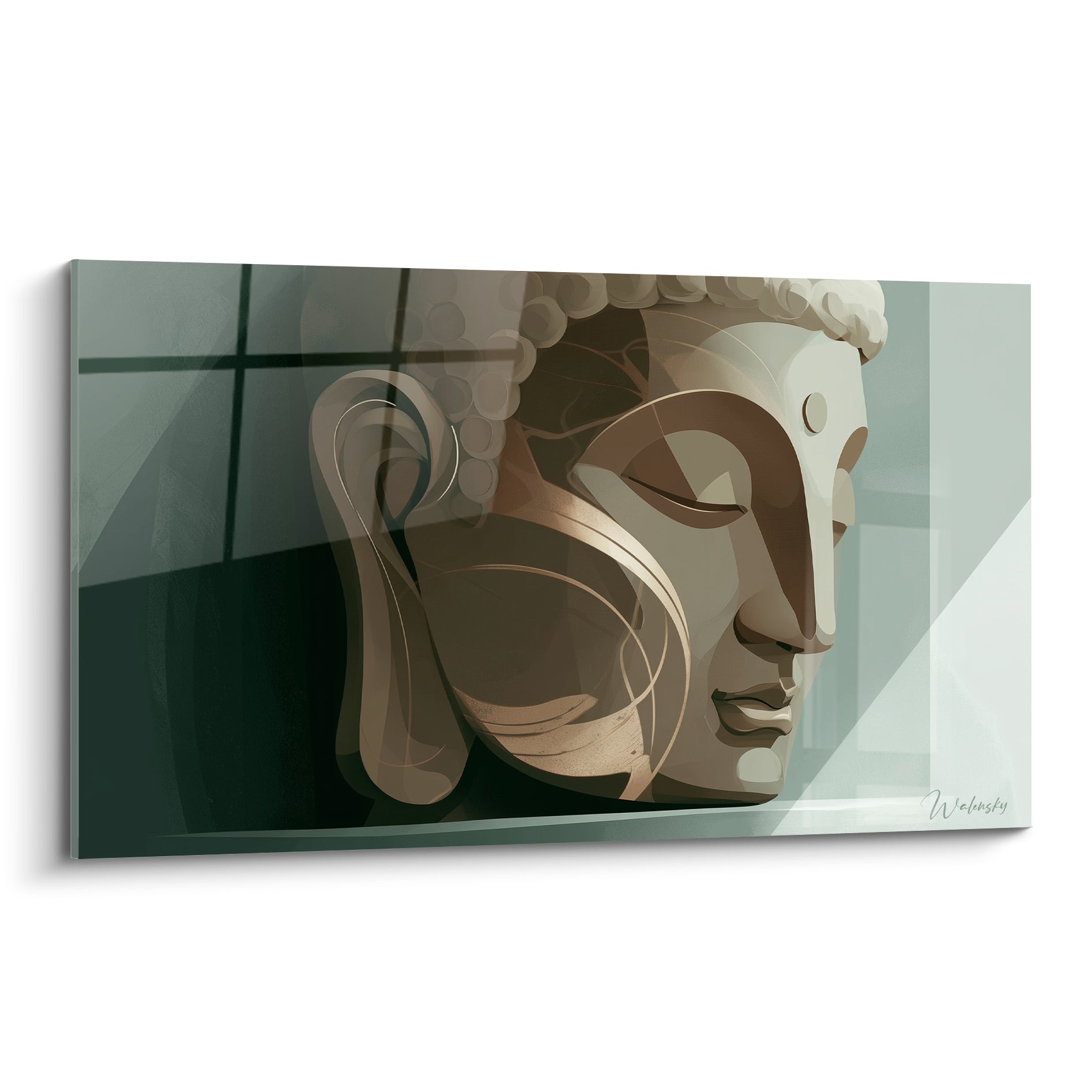 Bouddha au visage beige et vert sauge, yeux clos, sculpture stylisée aux reflets dorés