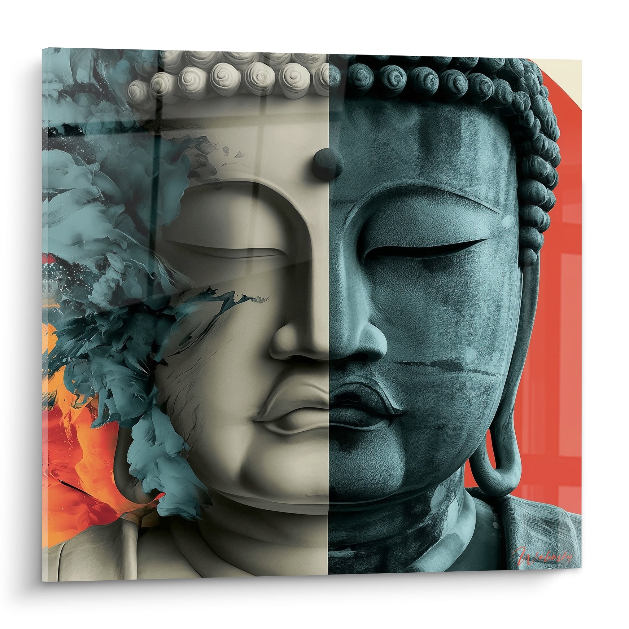 Bouddha au visage divisé entre pierre ivoire et bronze bleu pétrole, fumée orange fauve s'échappant du côté gauche