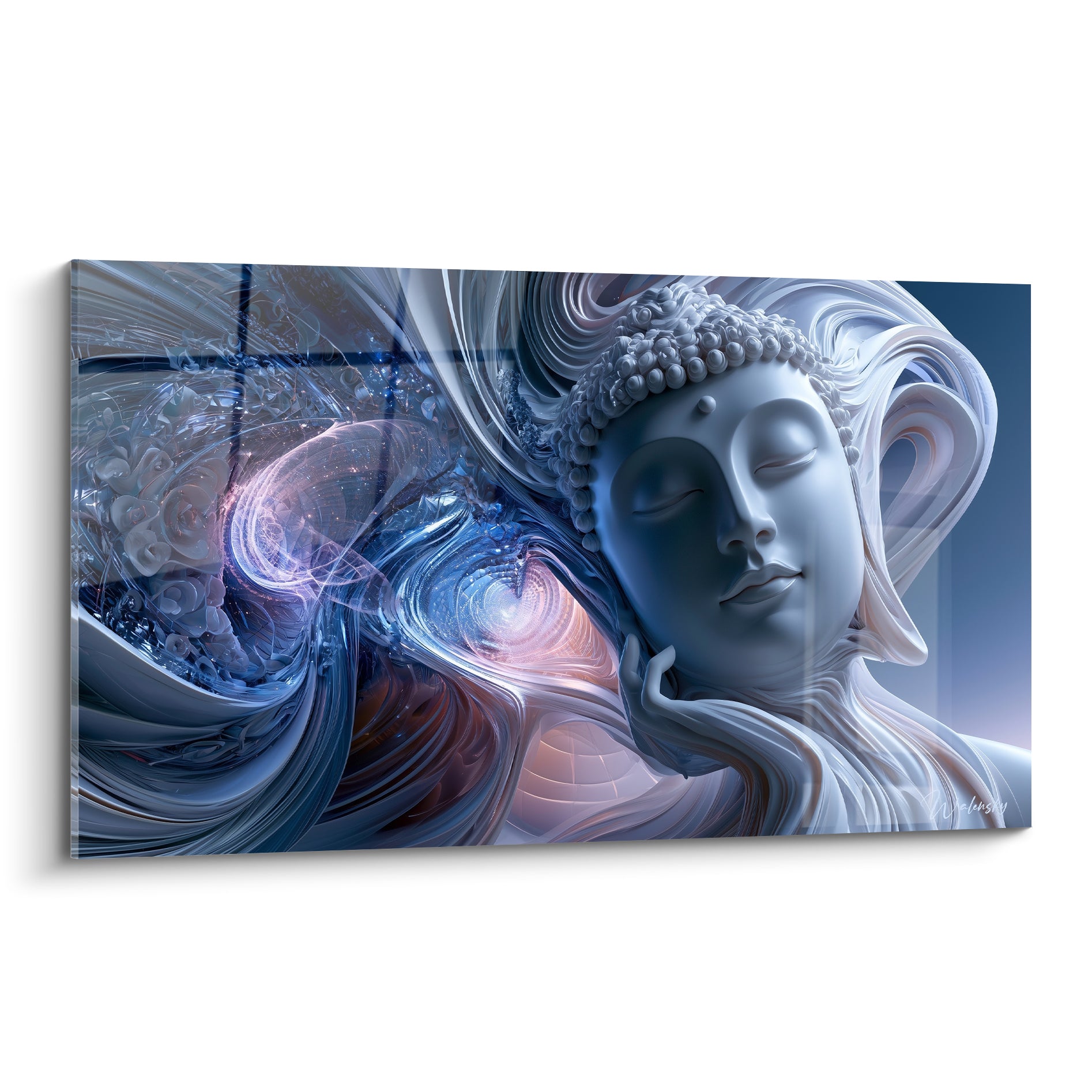 Bouddha au visage bleu-gris serein, volutes argentées et roses en tourbillon lumineux