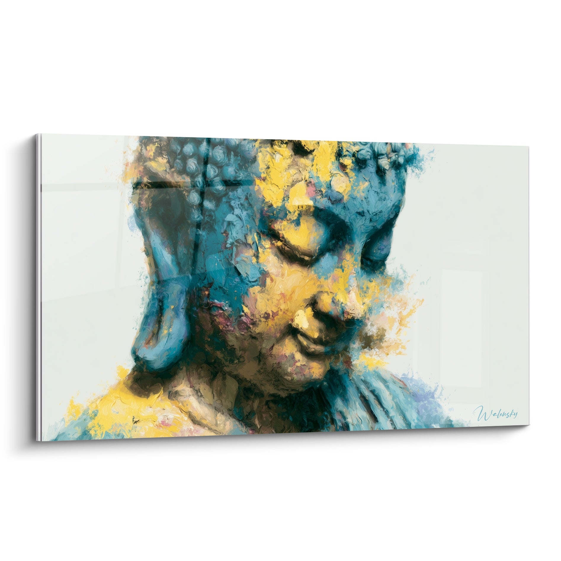Visage de Bouddha aux yeux clos, texture bleue et dorée éclatée, expression sereine et méditative