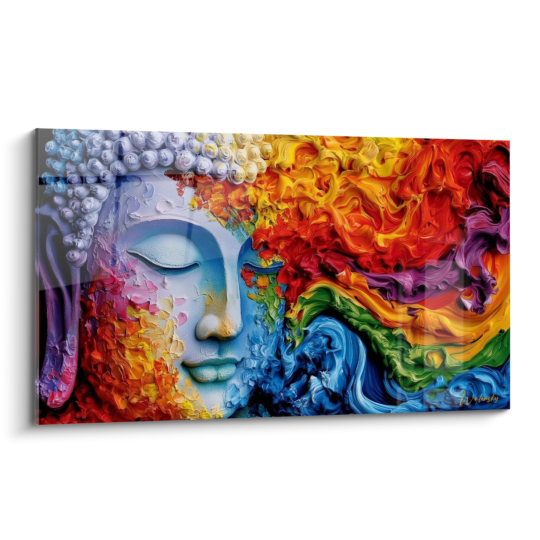 Bouddha au visage bleu pastel serein, cheveux transformés en flammes rouges et orange vives