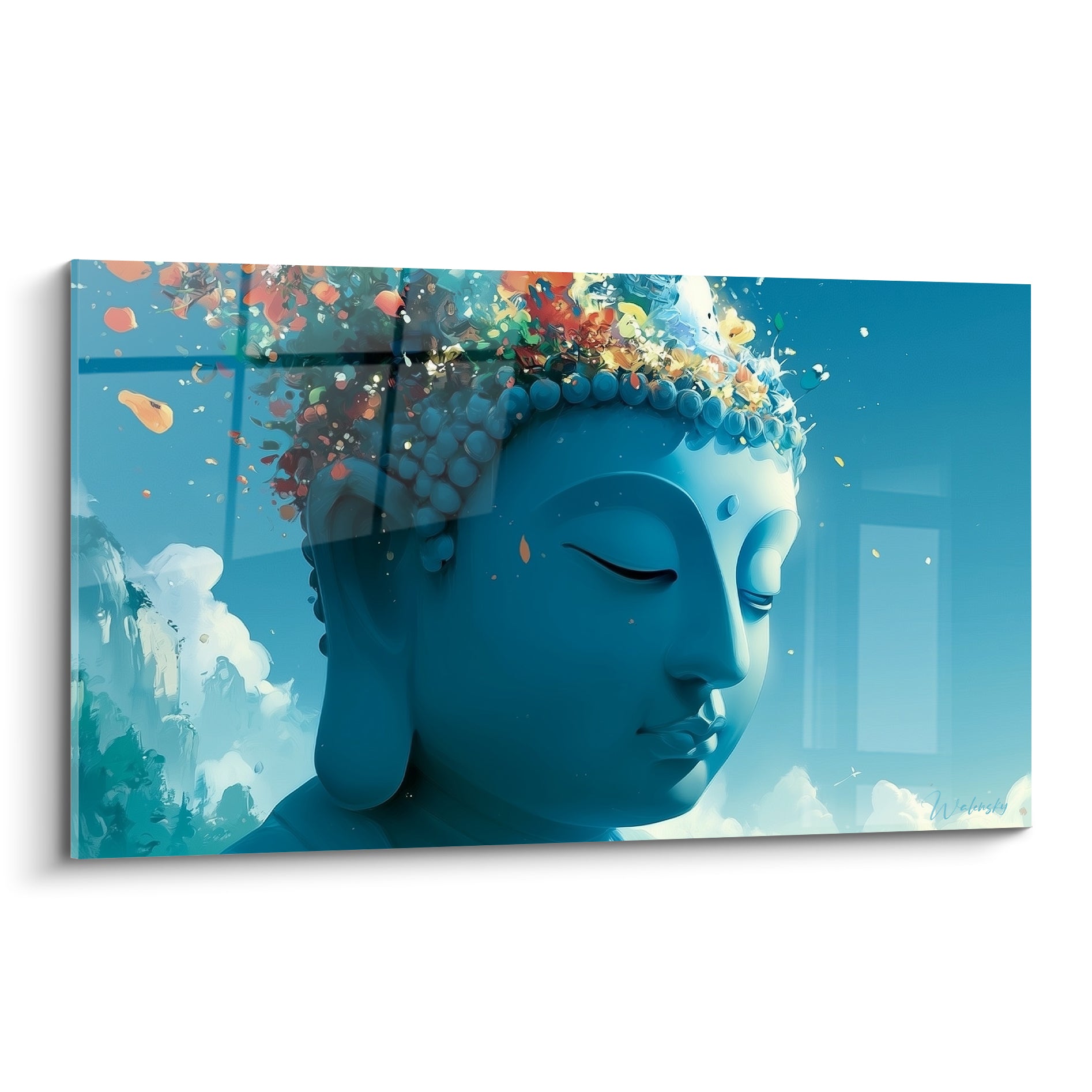 Visage de Bouddha bleu turquoise aux yeux clos, couronné d'une explosion florale orange et corail