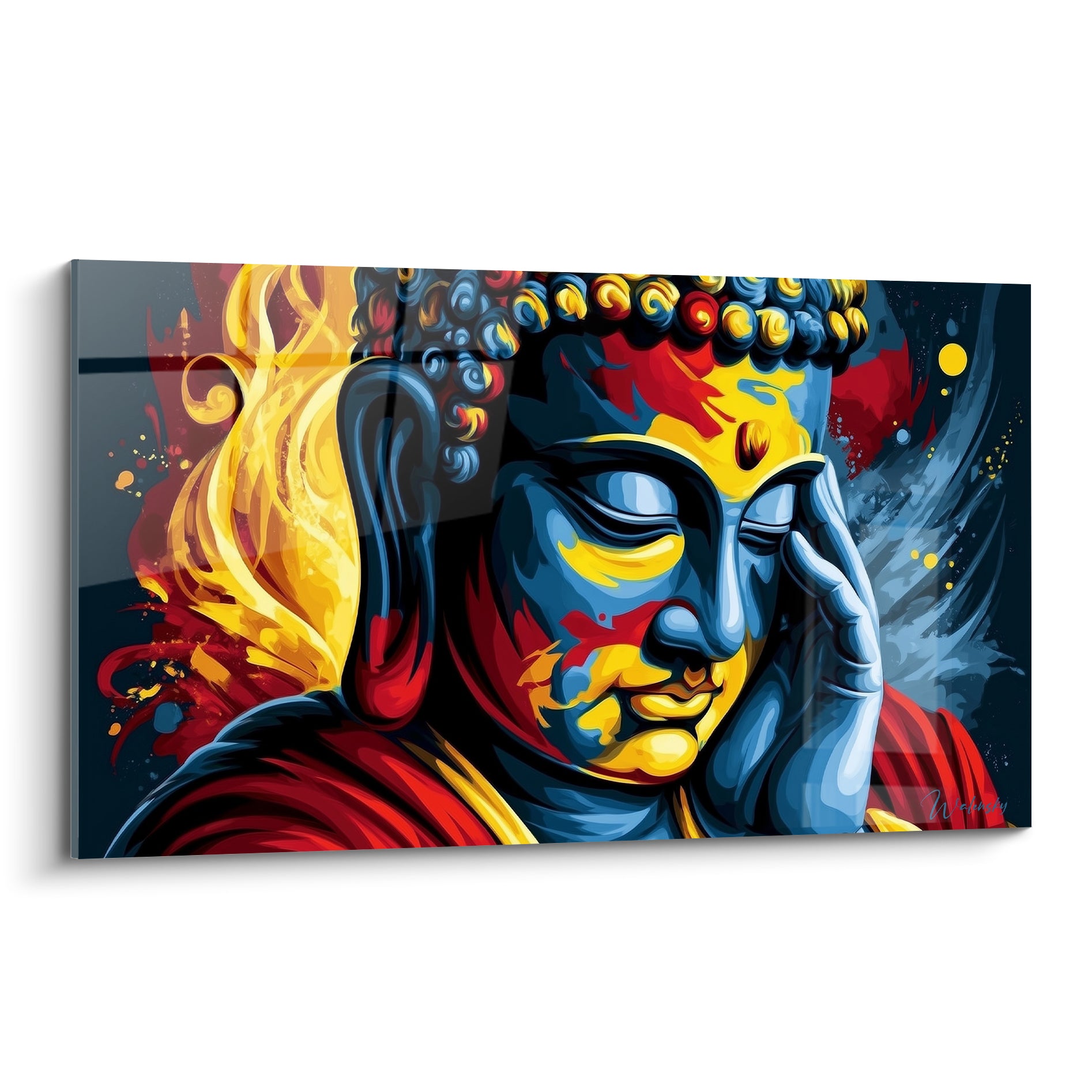 Bouddha au visage bleu et jaune, main posée sur la tempe, style pop art rouge et anthracite