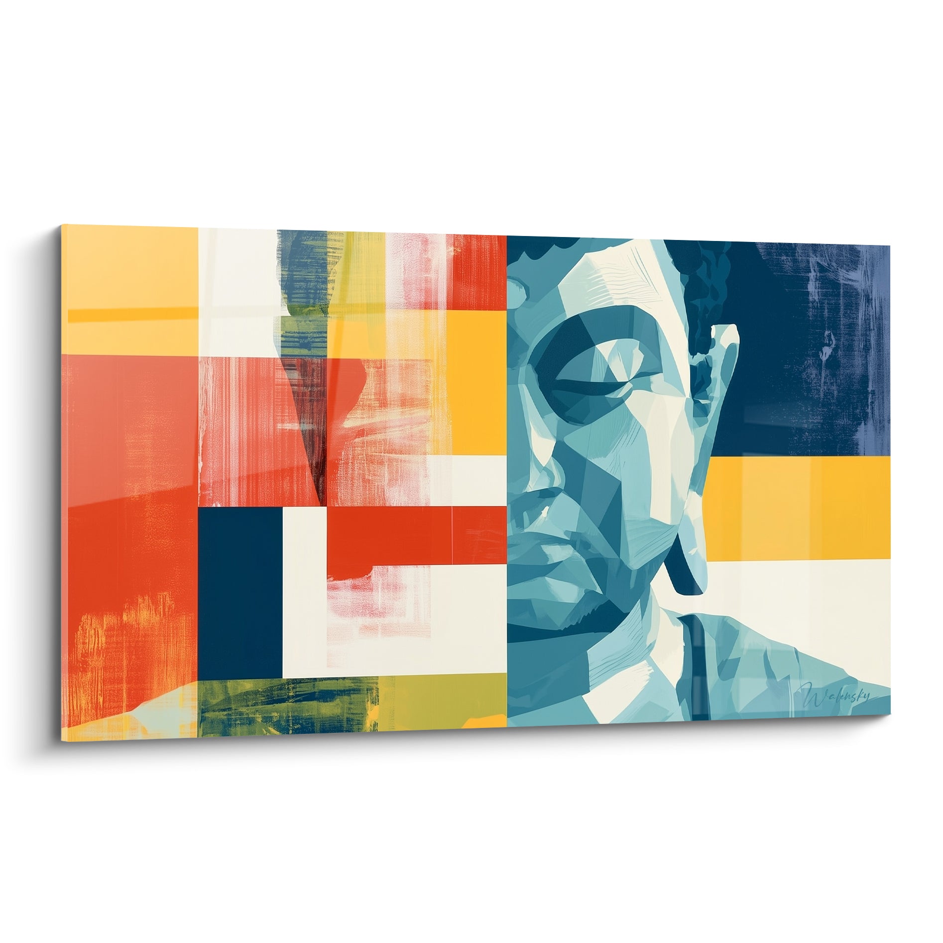 Bouddha au visage bleu marine et turquoise cubiste sur fond de damier orange et jaune vif
