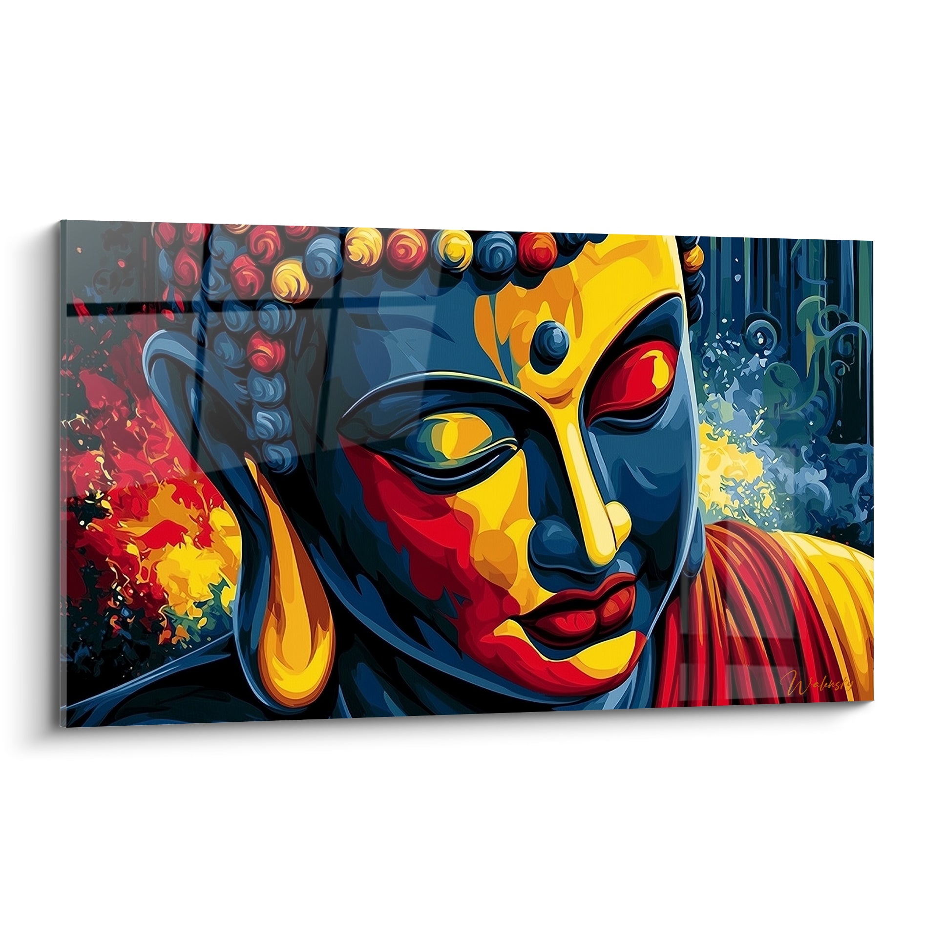 Bouddha au visage divisé bleu marine et doré, œil rouge intense, style graphique vibrant