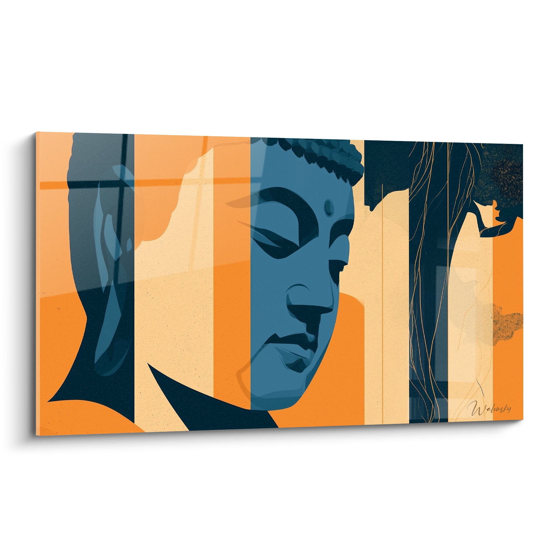 Visage de Bouddha bleu marine et orange vif sur toile aux bandes verticales, expression sereine et yeux clos