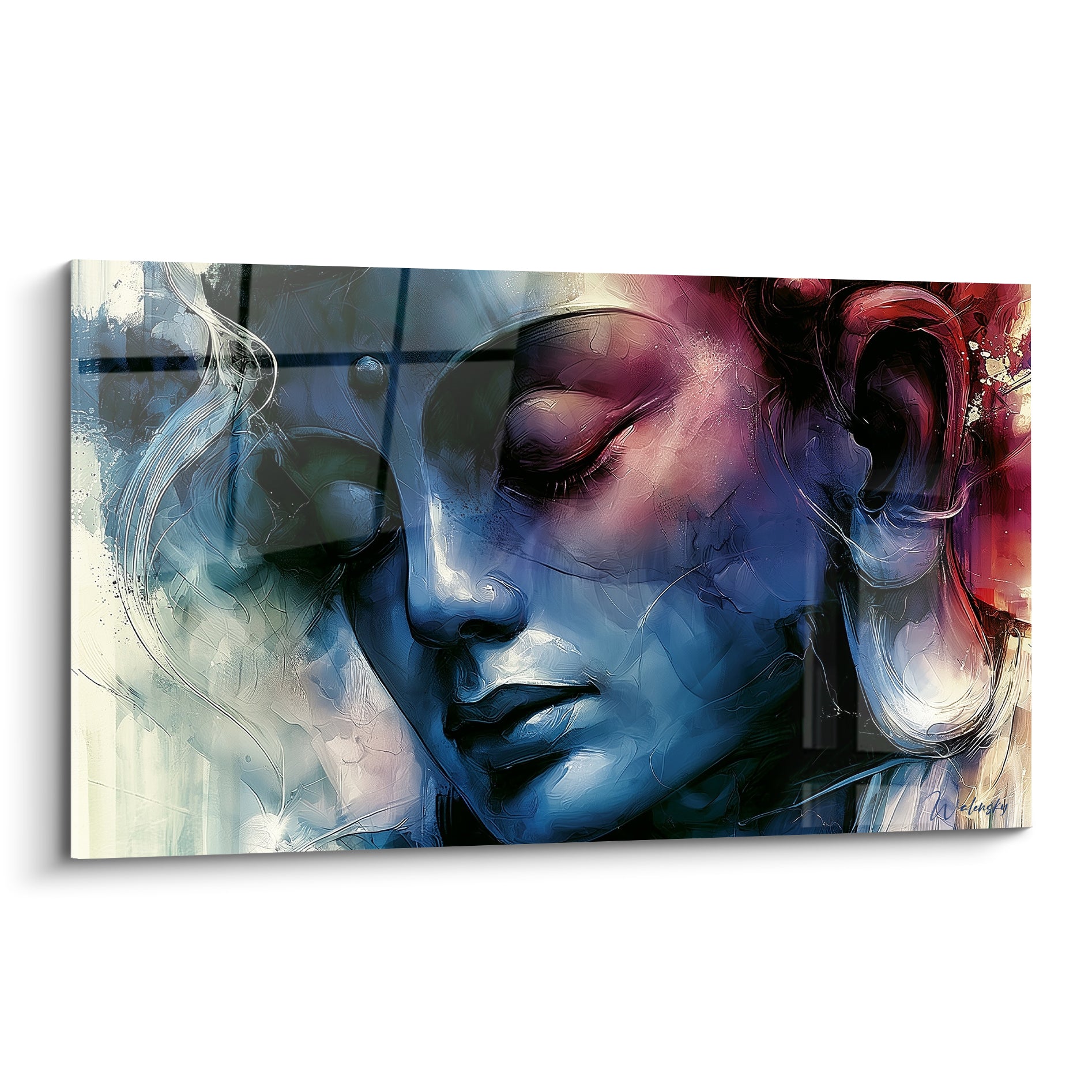 Bouddha aux yeux clos, visage bleu marine et pourpre, expression sereine et méditative