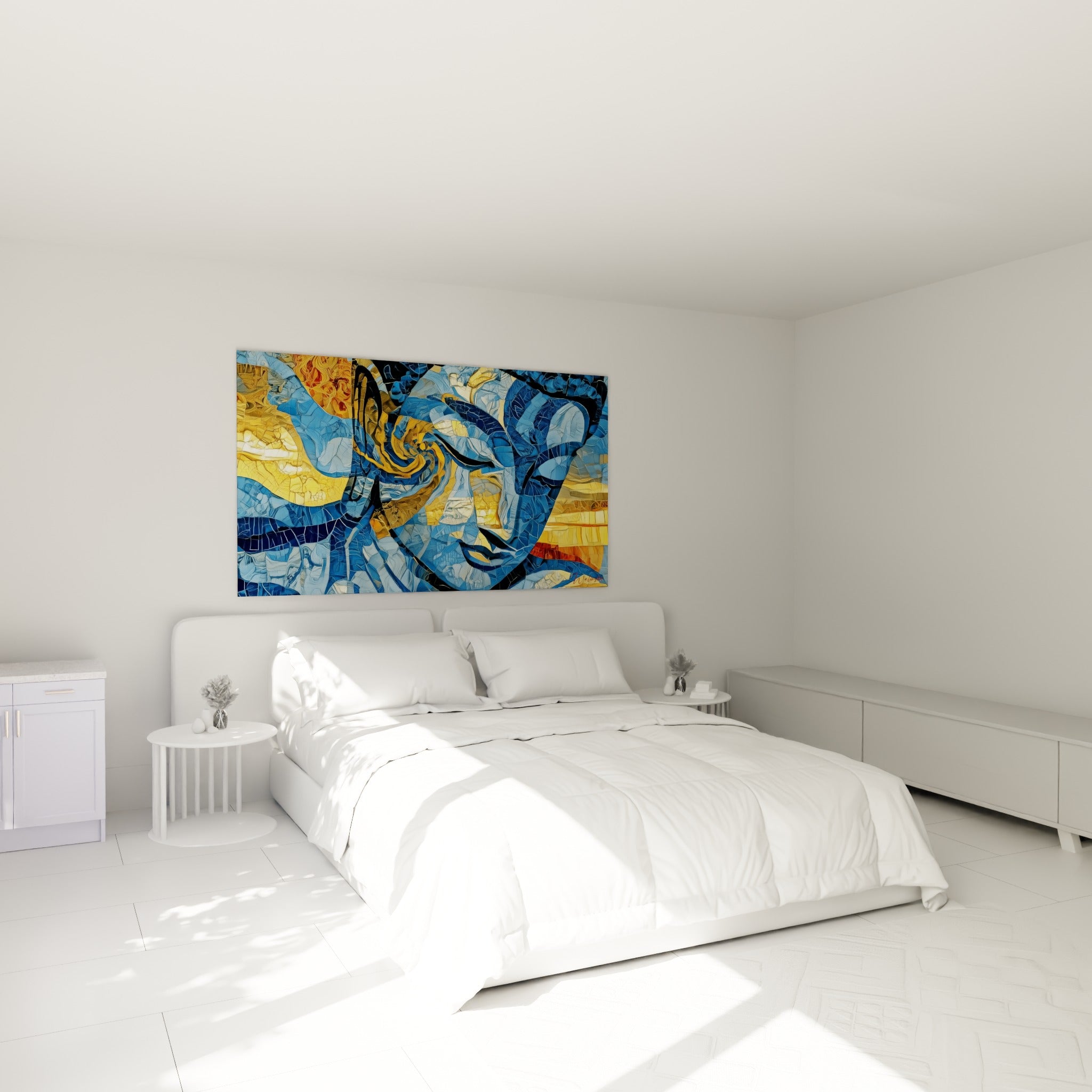 Visage de Bouddha bleu et ocre au-dessus d'un lit dans une chambre claire