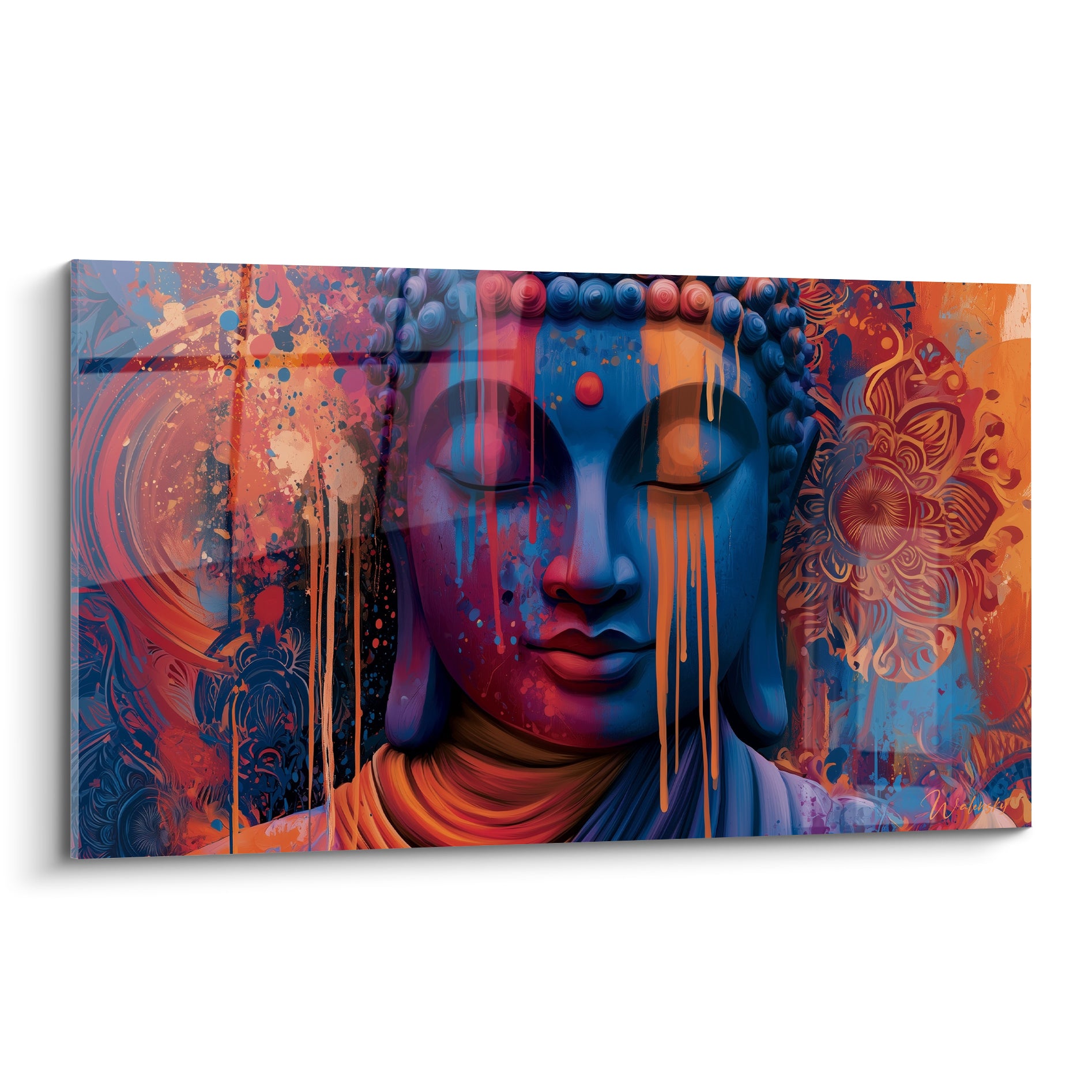 Bouddha aux yeux clos, visage bleu marine et orange, coulures verticales et mandala doré en fond