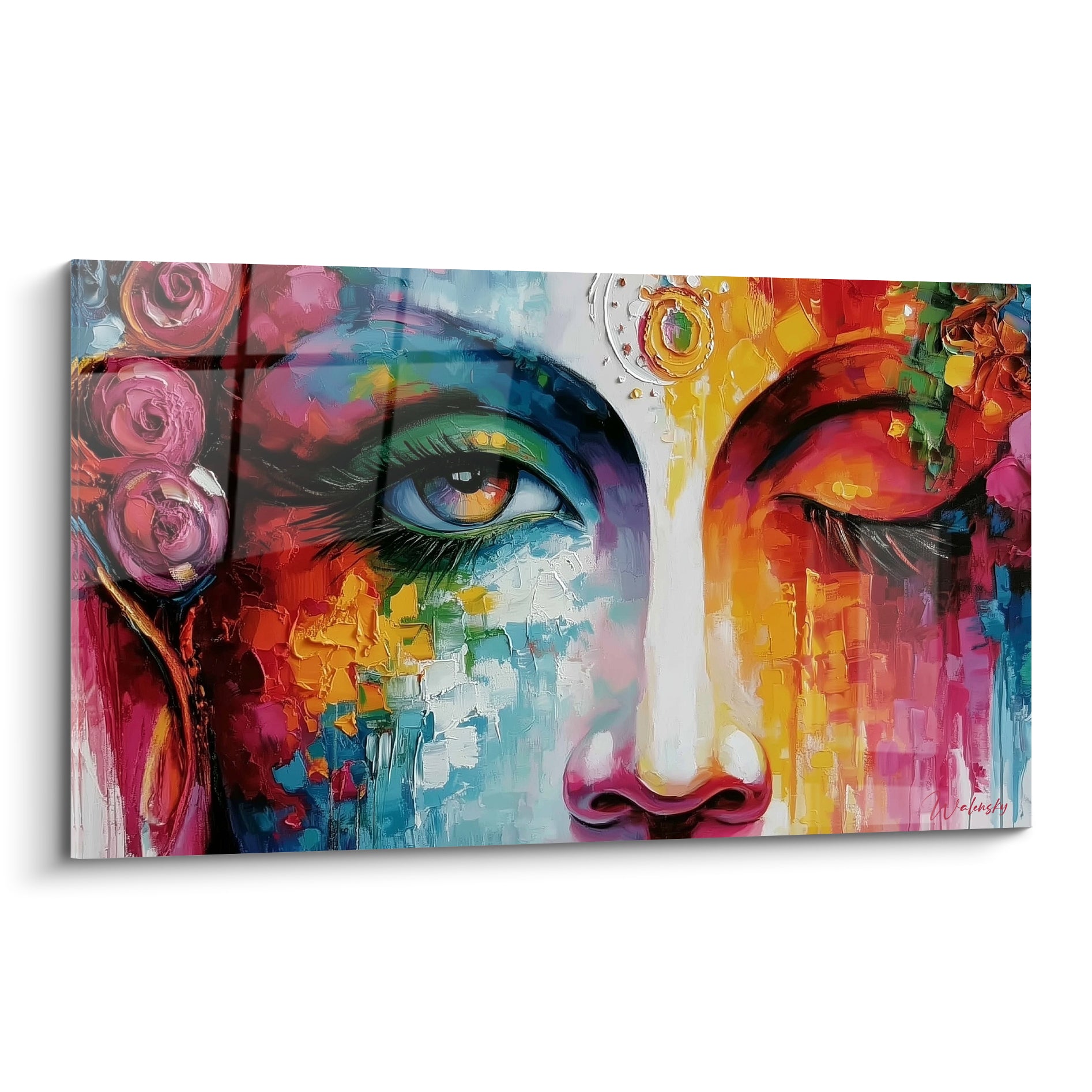 Visage de Bouddha aux tons bleu pastel et orangé, yeux mi-clos, roses roses, technique au couteau