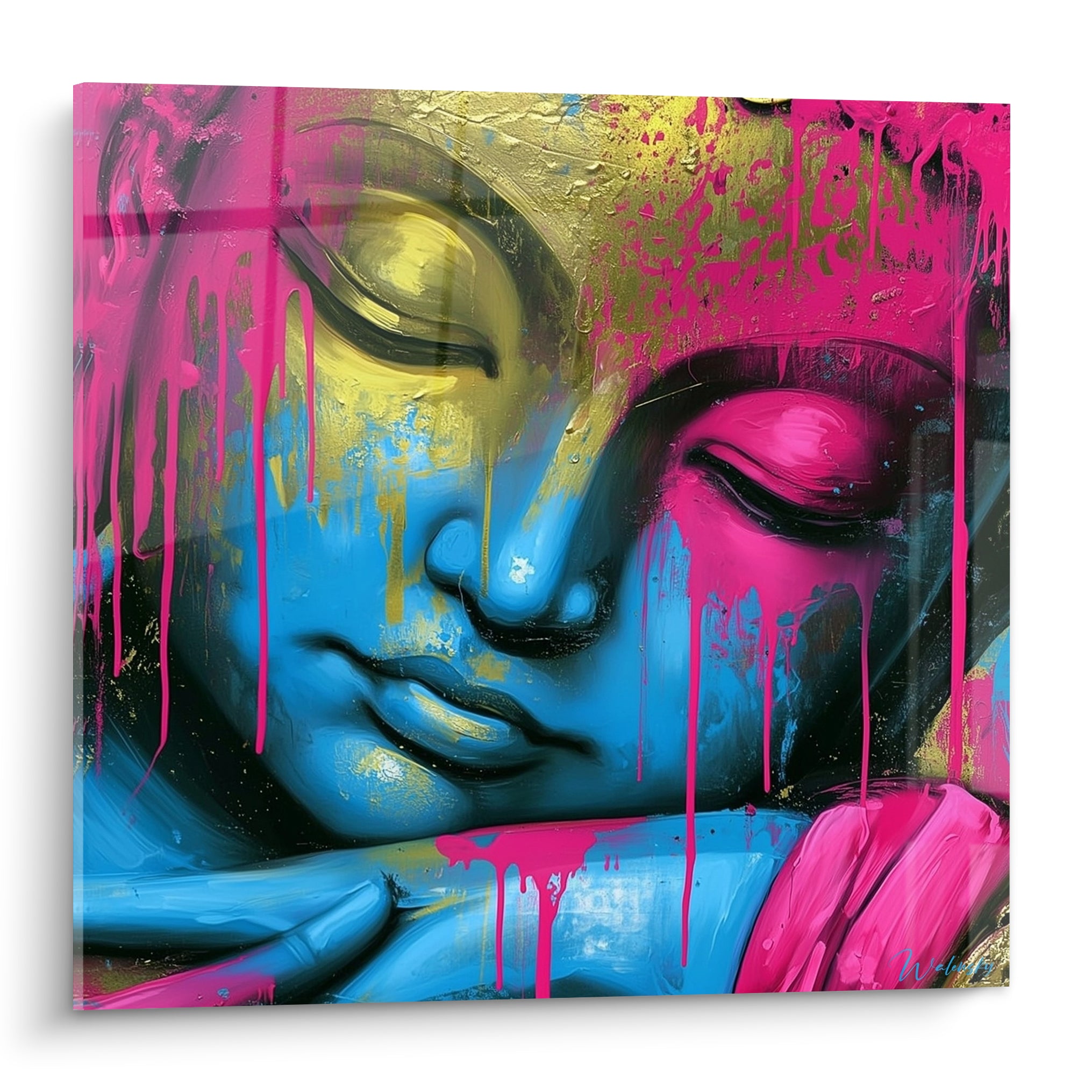 Bouddha au visage bleu et rose fuchsia, yeux clos, coulures dorées ruisselant sur le front