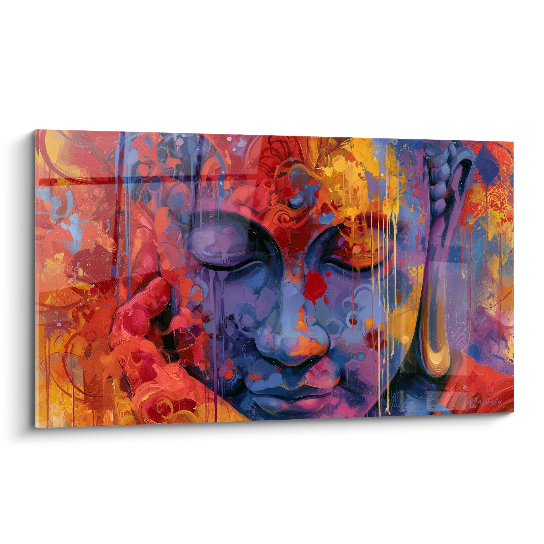 Bouddha aux yeux clos, visage bleu-violet et fond rouge orangé aux coulures dorées