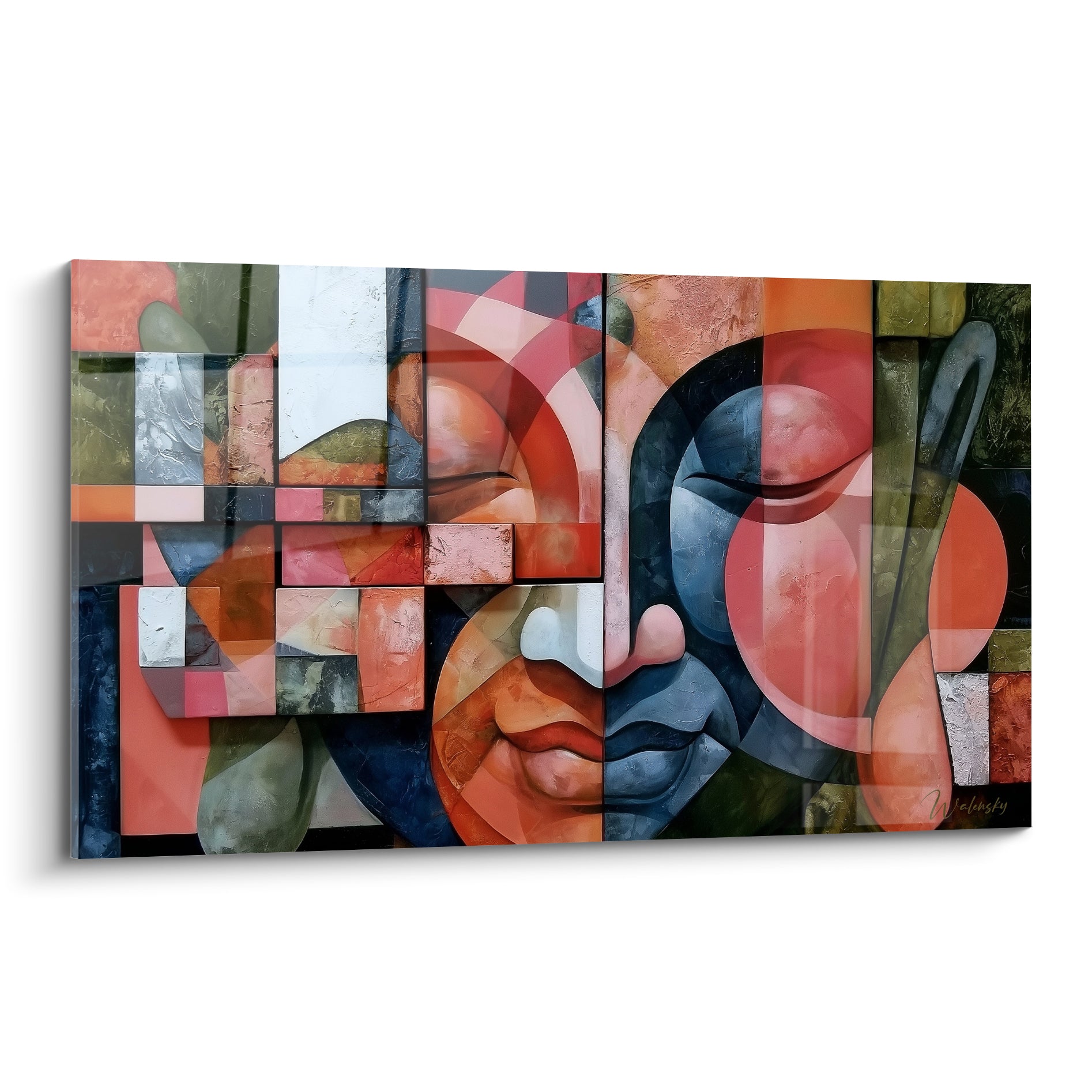 Bouddha au visage fragmenté en corail, bleu marine et vert olive, style cubiste peint