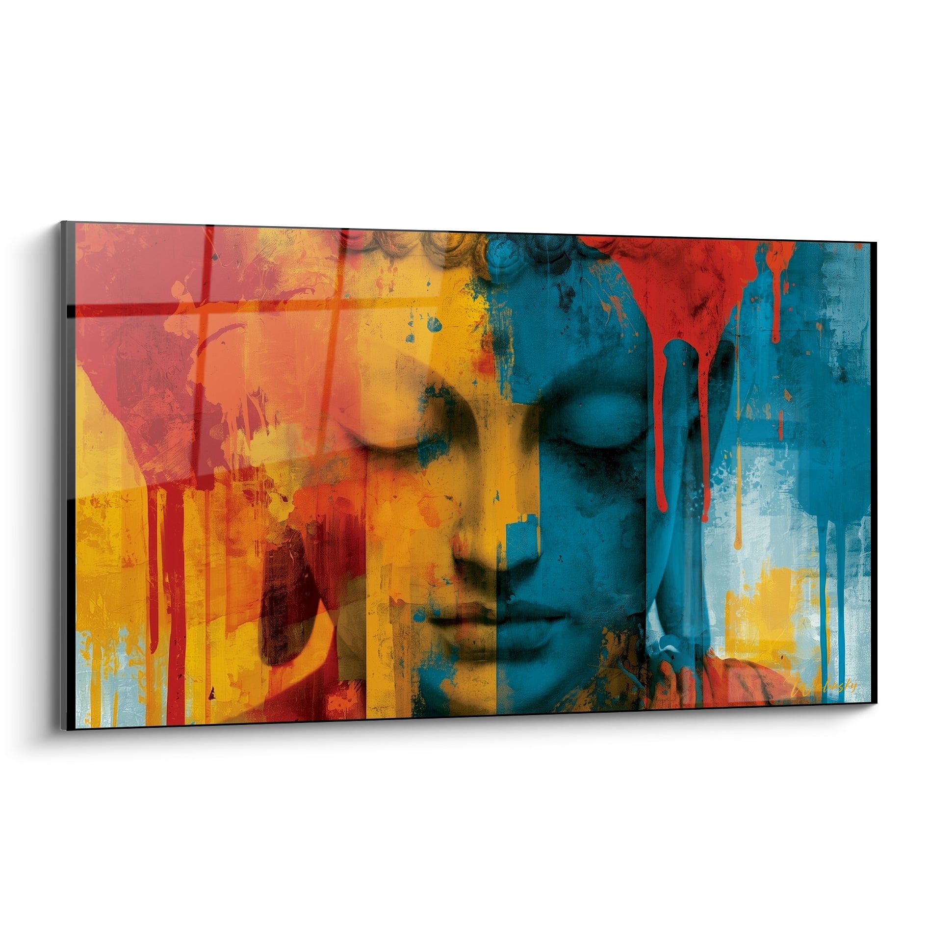 Bouddha aux yeux clos, visage doré et bleu, coulures rouges vibrantes sur fond éclaté