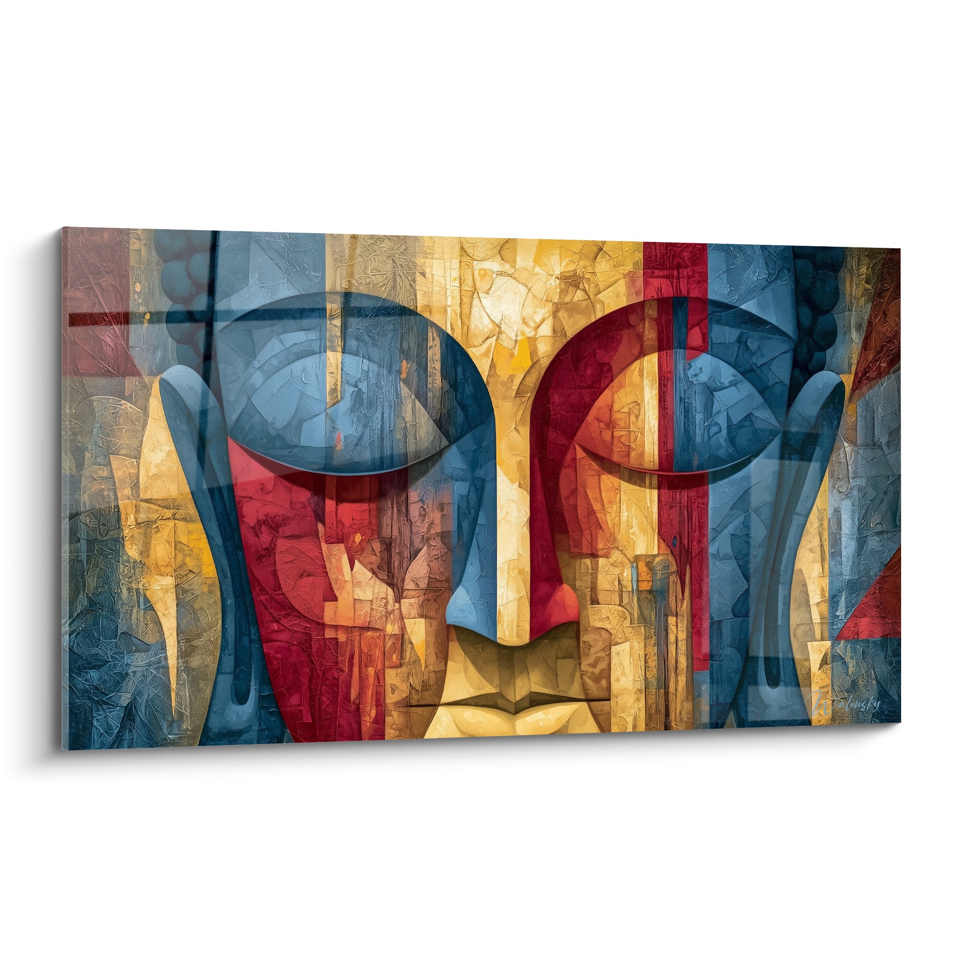 Bouddha aux yeux bleu marine et visage doré, composition géométrique texturée en plein cadre