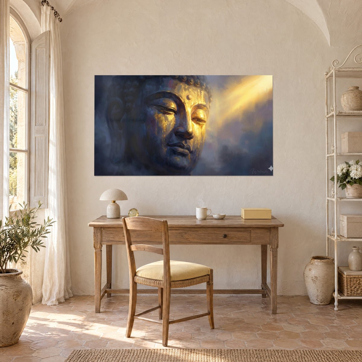 Schilderij Boeddhabeeld met gesloten ogen, violette nevel en gouden gezicht, hangend boven een bureau van licht hout in de mas
