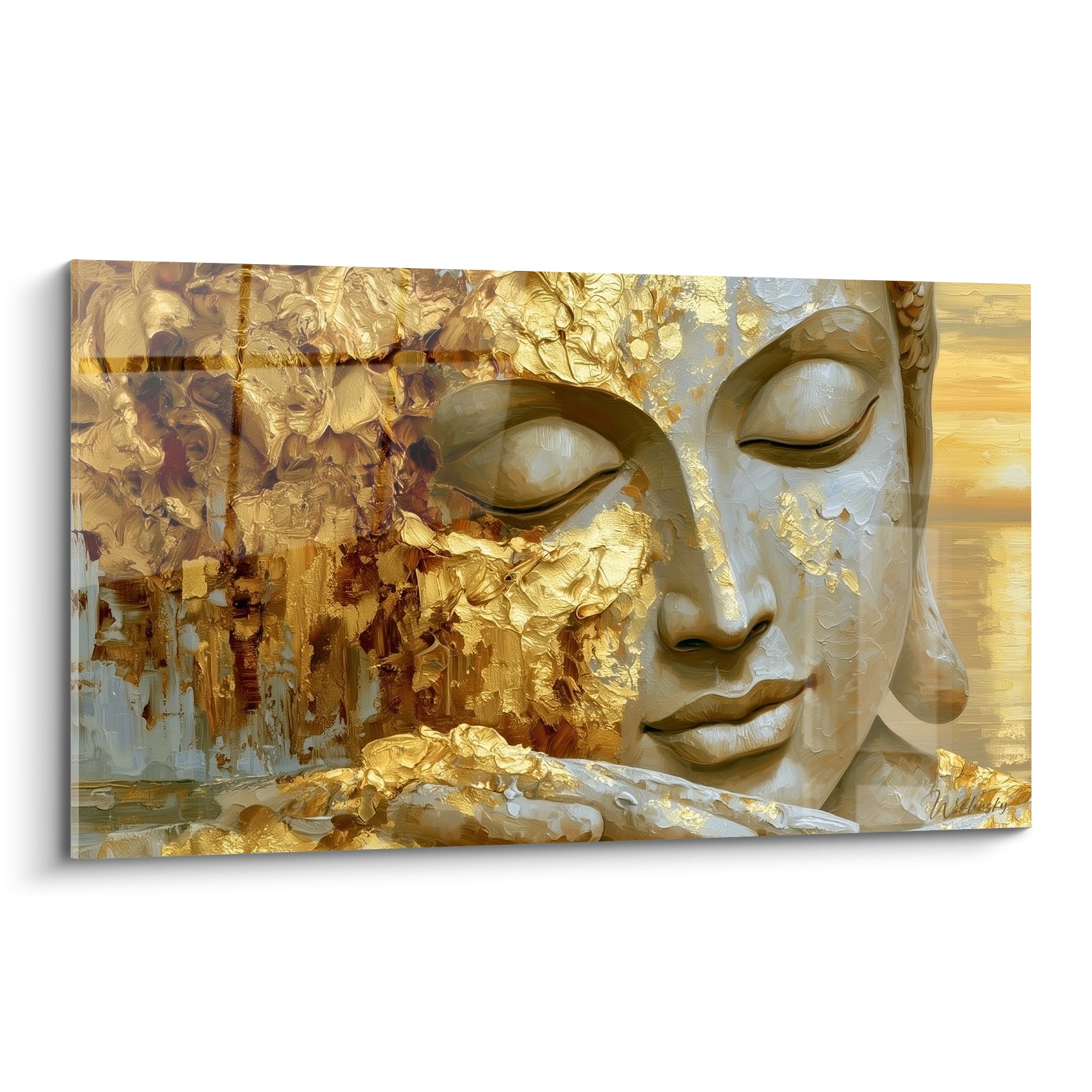Bouddha aux yeux clos, visage beige et doré, texture peinte façon feuille d'or craquelée