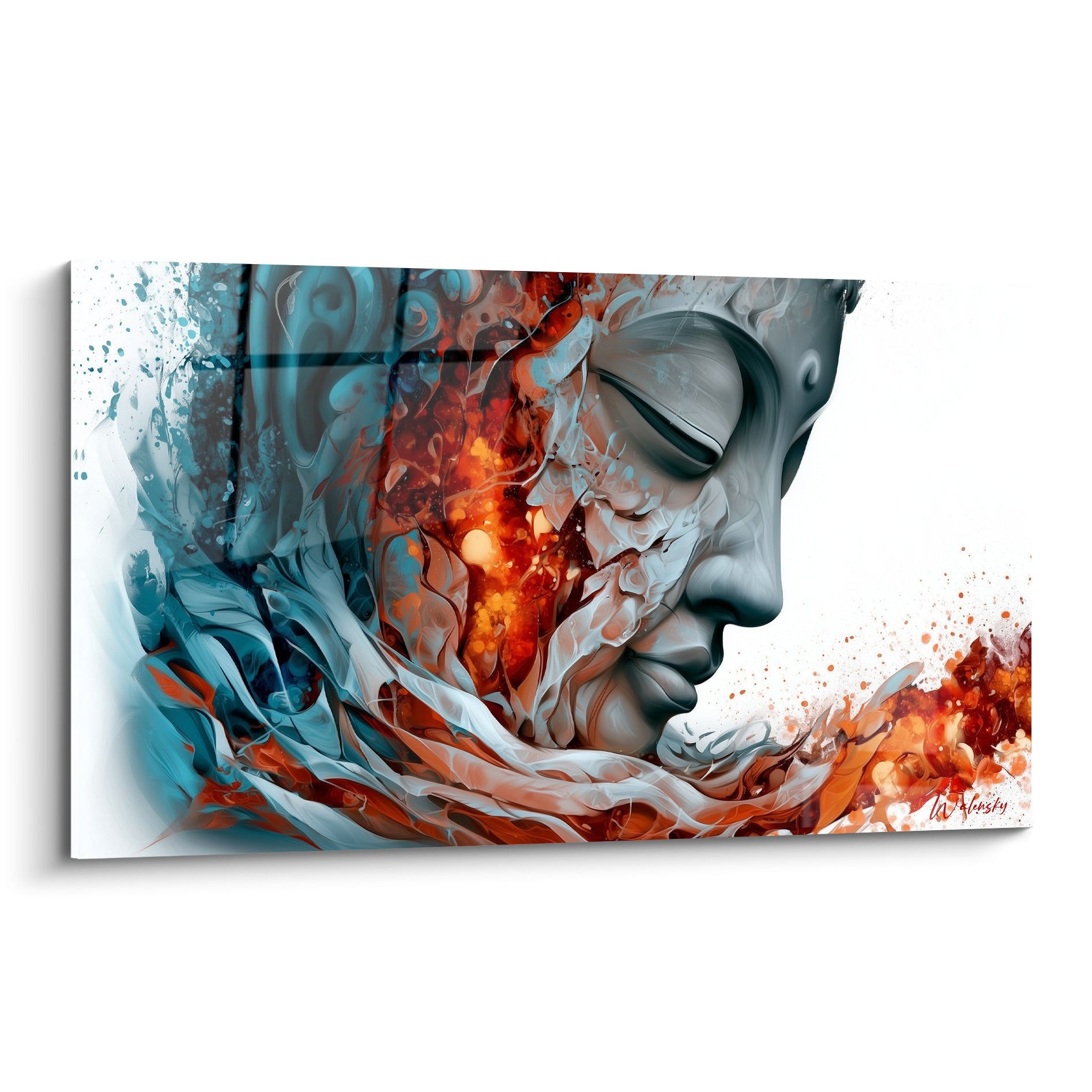 Bouddha au profil gris sculpté, flammes orangées et volutes turquoise en fusion picturale