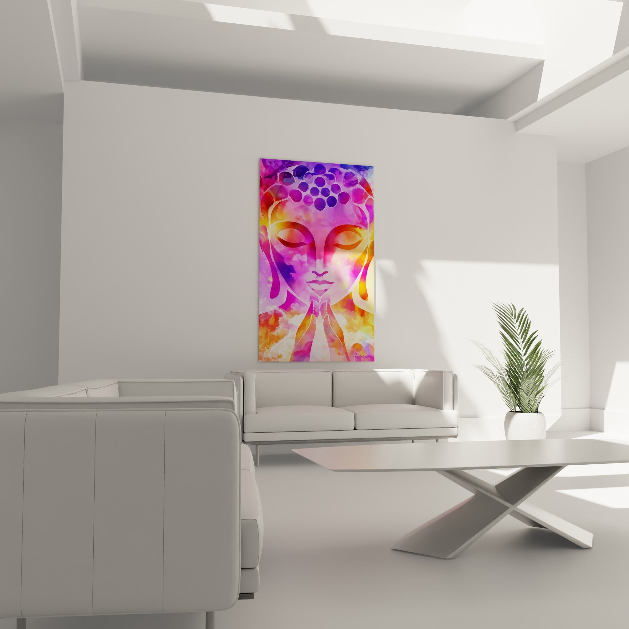 Silhouette méditative violette et dorée, mains jointes en prière, au-dessus d'un canapé dans un salon lumineux