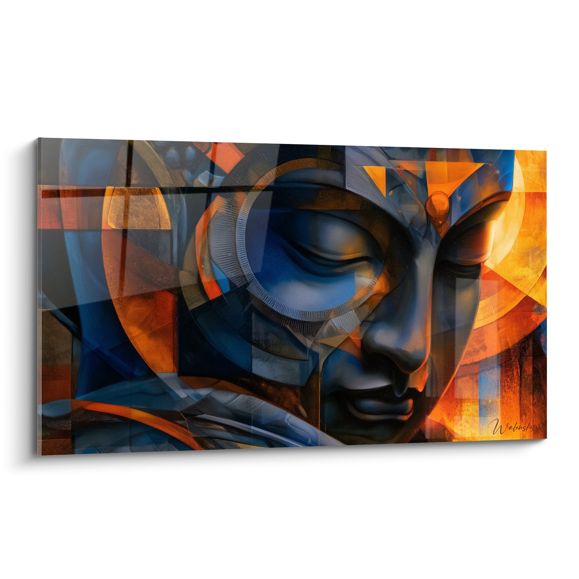 Bouddha au visage bleu marine et orangé, traits géométriques et lumière dorée fragmentée