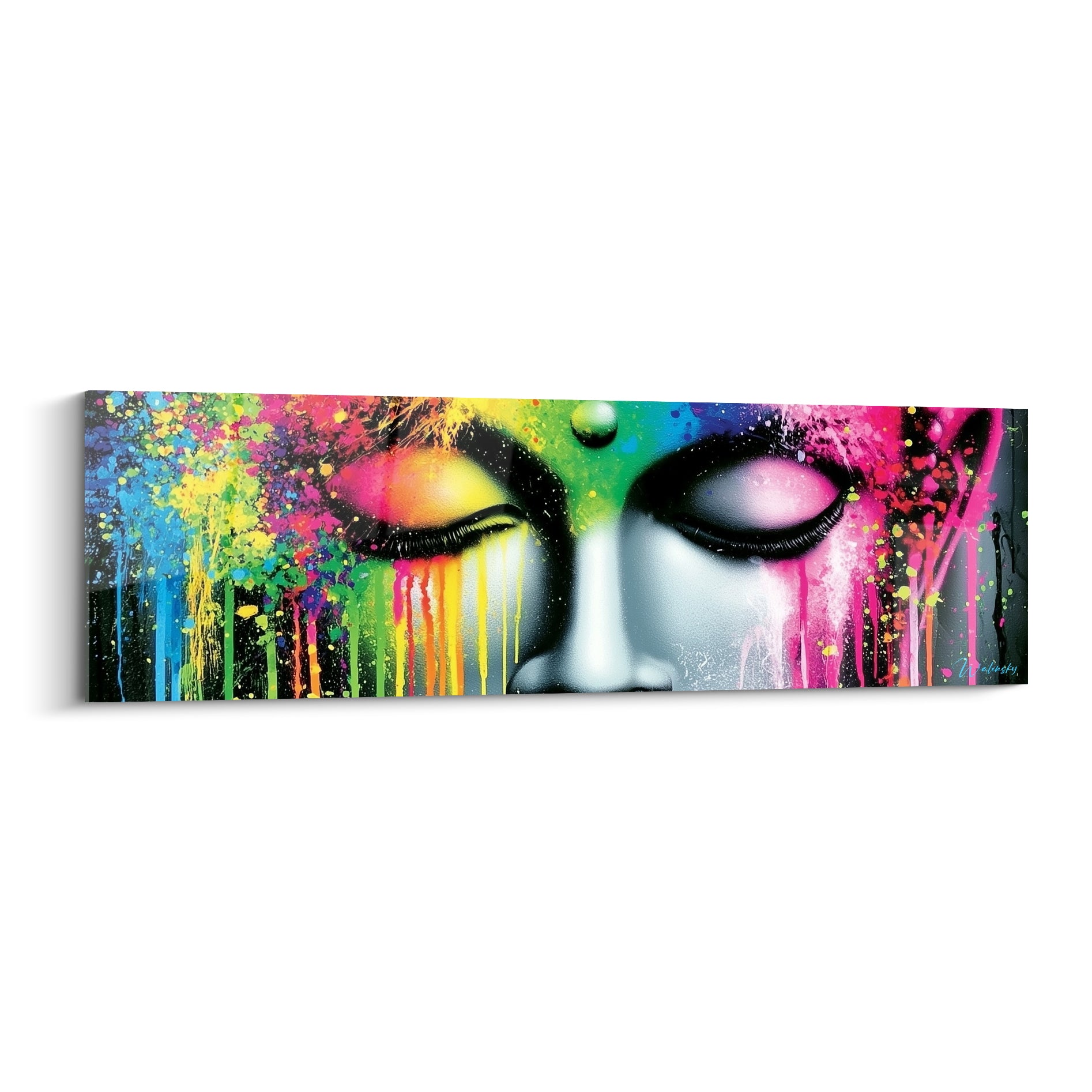 Bouddha aux yeux clos, visage gris zébré de coulures jaunes, roses et bleu marine sur fond noir