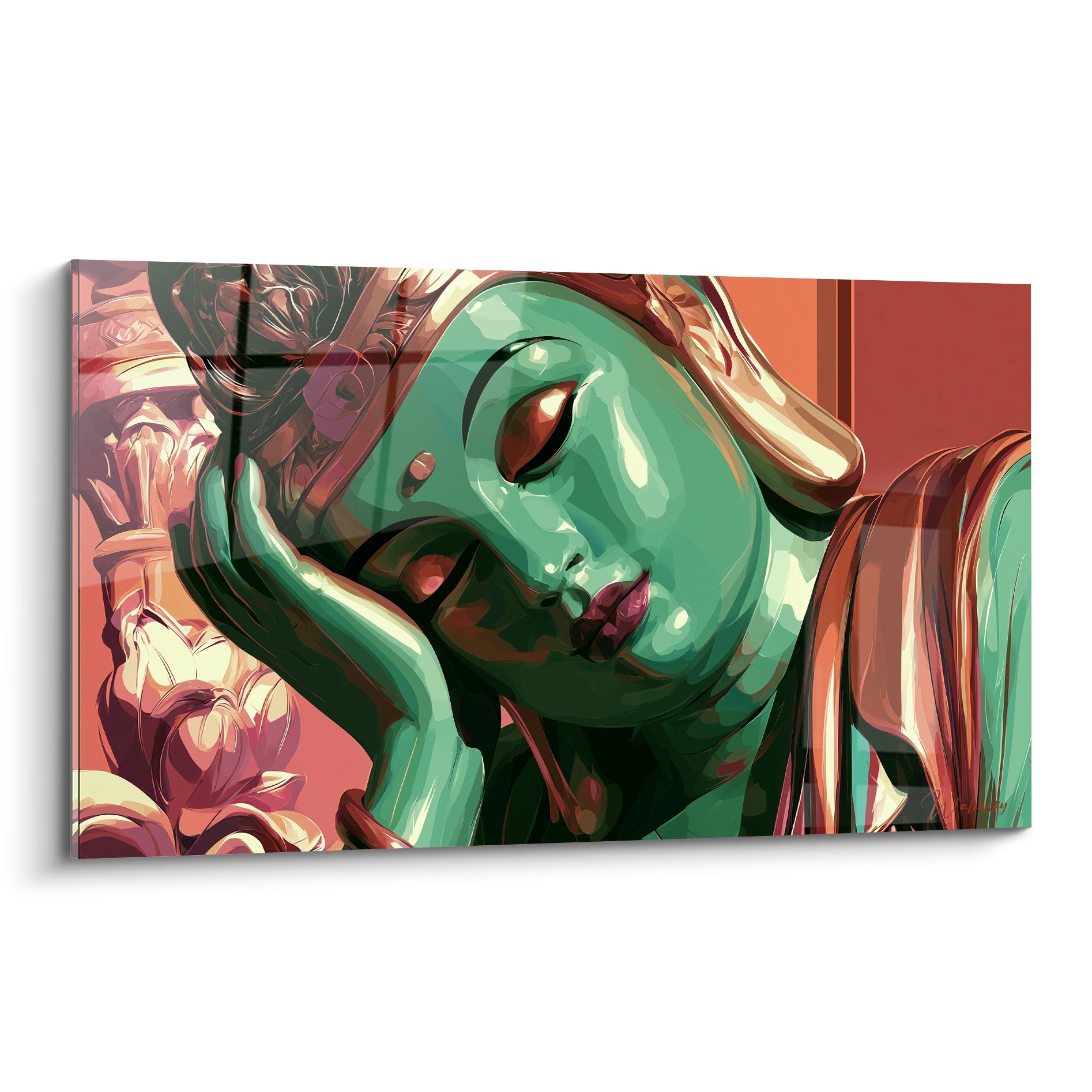 Visage Bouddha jade et corail aux yeux clos, main soutenant la joue, style graphique intense