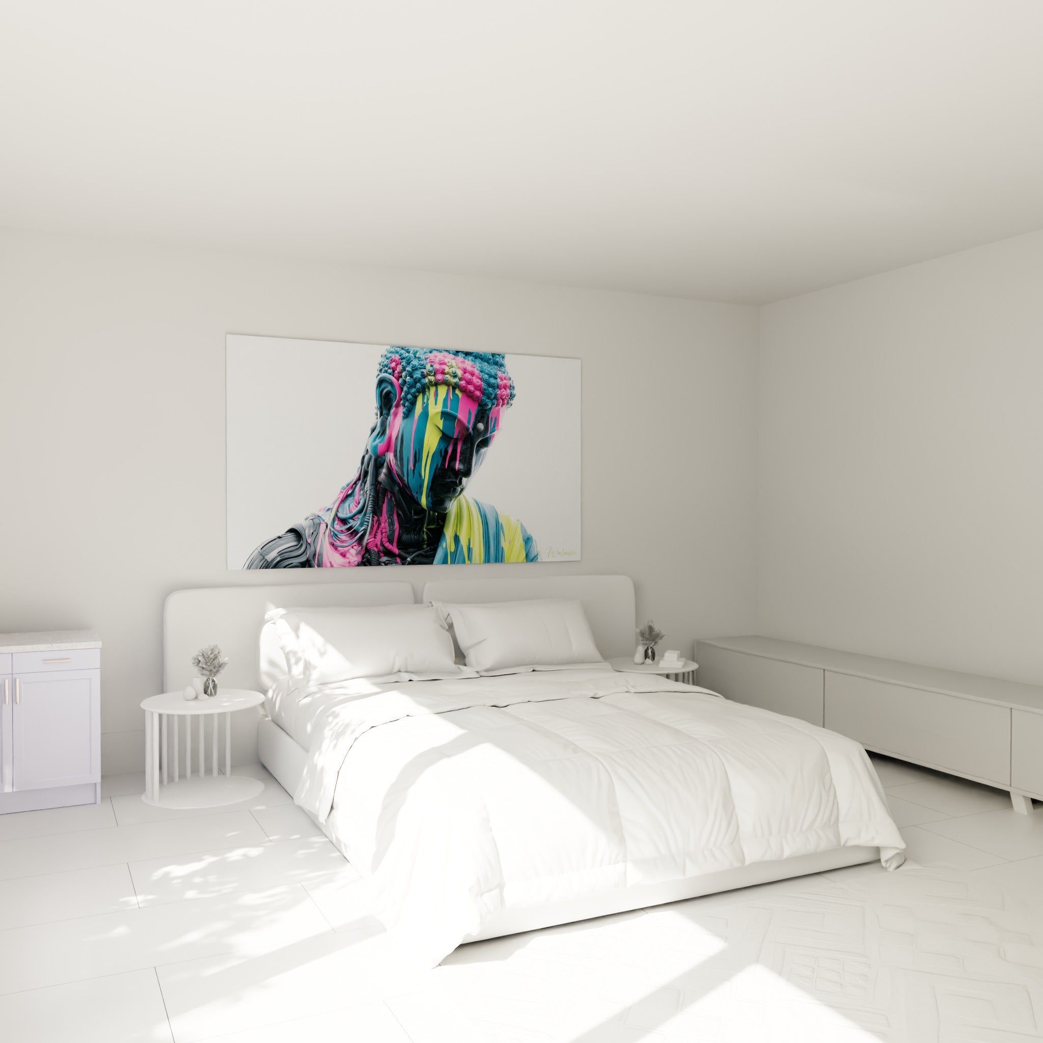 Visage de Bouddha zébré de jaune citron et rose fuchsia, accroché au-dessus d'un lit dans une chambre claire