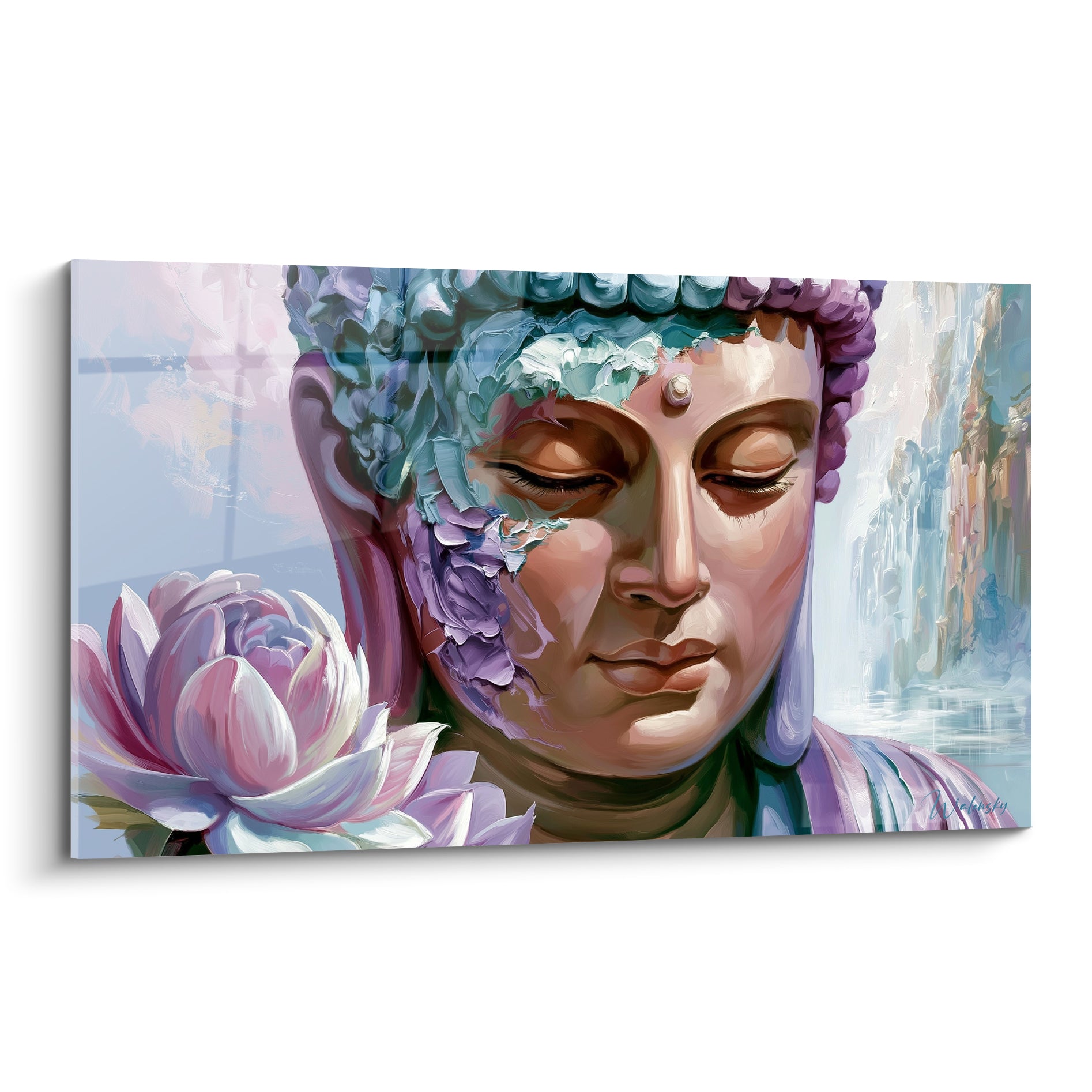 Visage de Bouddha mauve et turquoise aux paupières closes, lotus rose pâle en premier plan