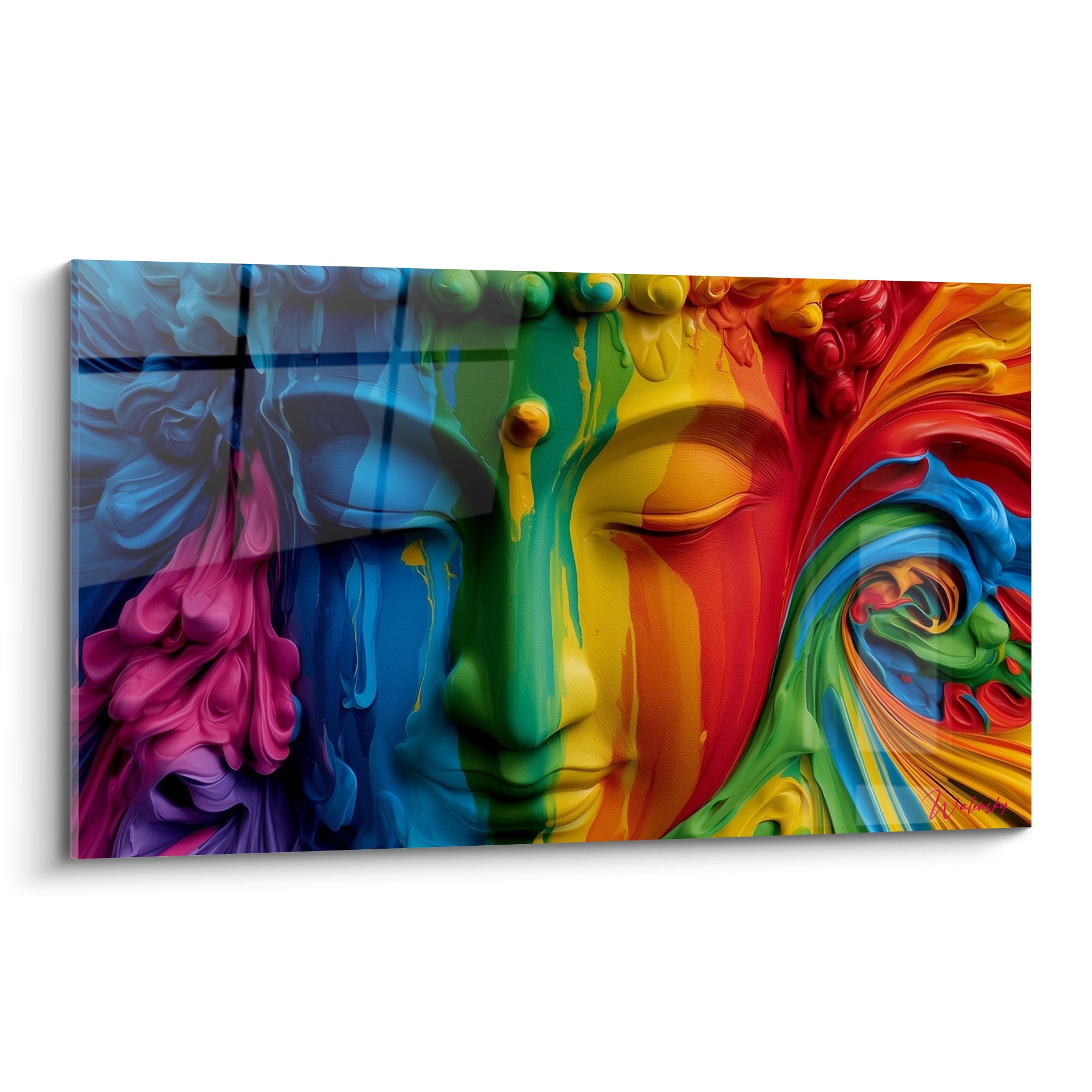 Bouddha aux yeux clos, visage fondu en bleu marine, vert émeraude et rouge fauve vibrant
