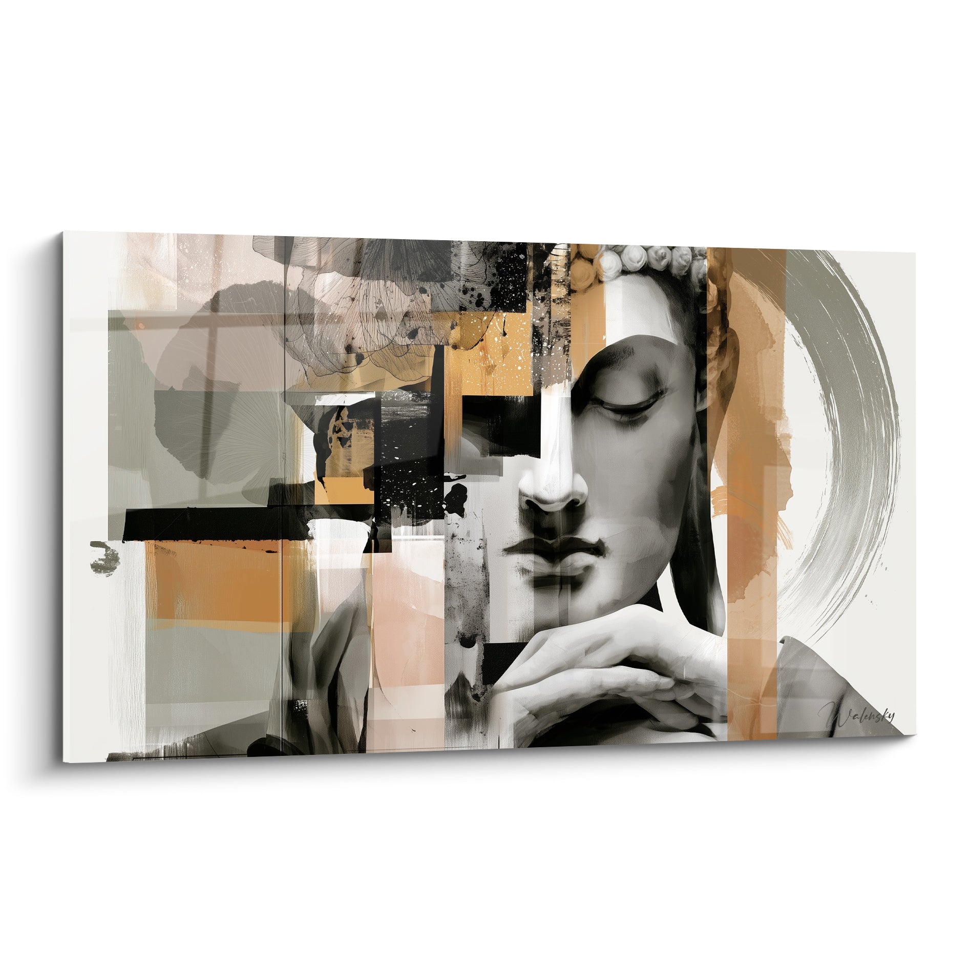 Bouddha aux yeux clos, visage anthracite et ocre, mains jointes sur fond graphique fragmenté