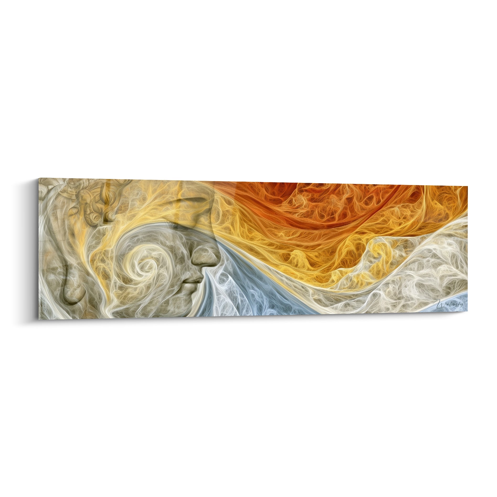 Visage sculpté du Bouddha aux volutes orange, ocre et bleu ardoise dans un style fractal saisissant