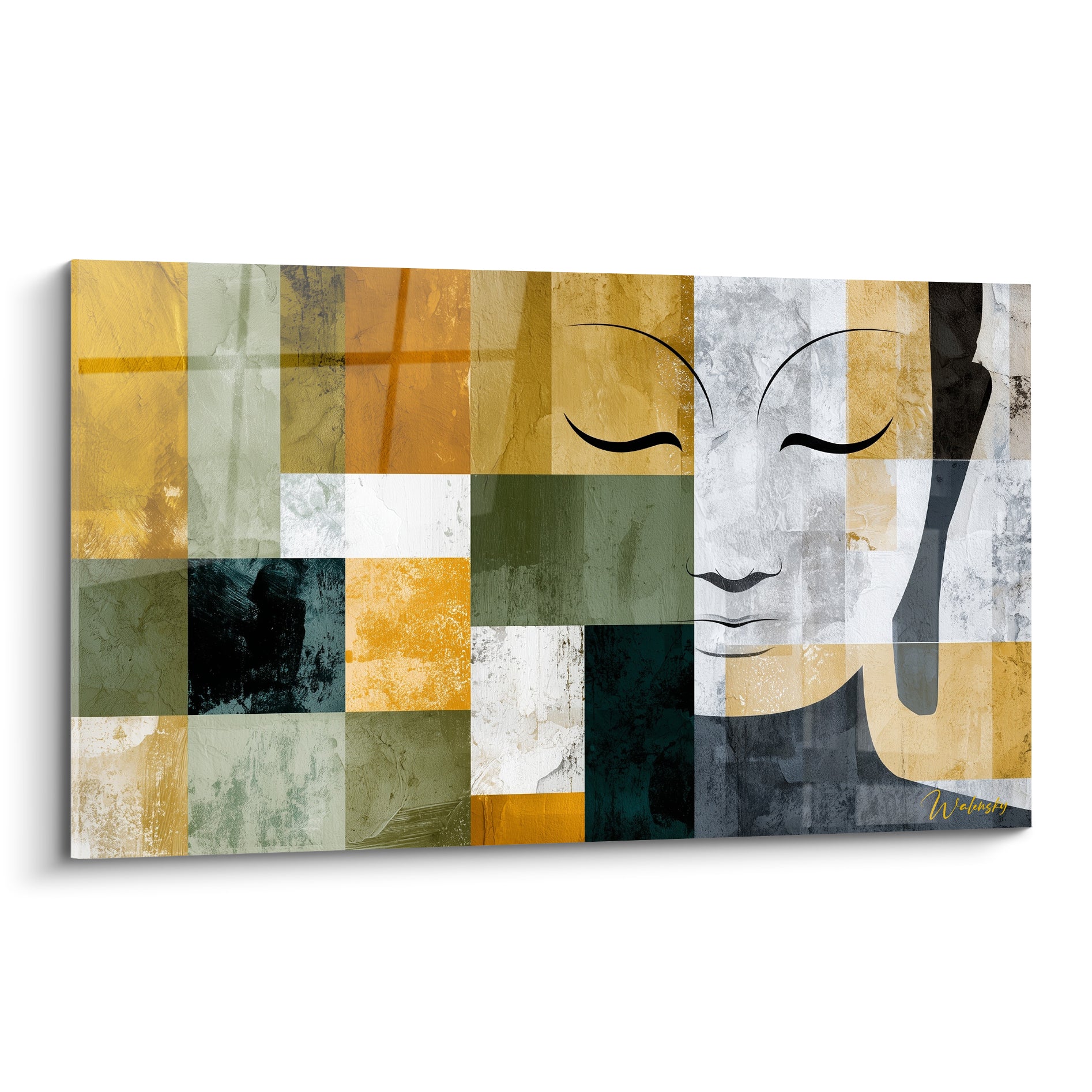 Visage de Bouddha aux yeux clos, damier ocre et vert sauge, style graphique contemporain