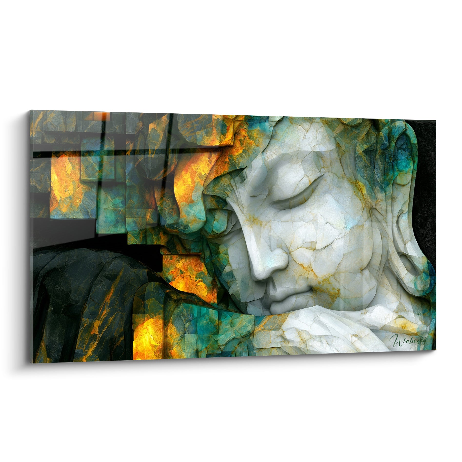 Visage de Bouddha en pierre blanche aux fissures dorées, entouré de fragments turquoise et anthracite